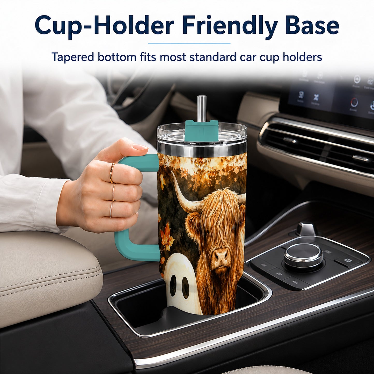 #pl[40oz|Green] Highland Cow Ghost 40oz Tumbler with Handle, Autumn Travel Cup