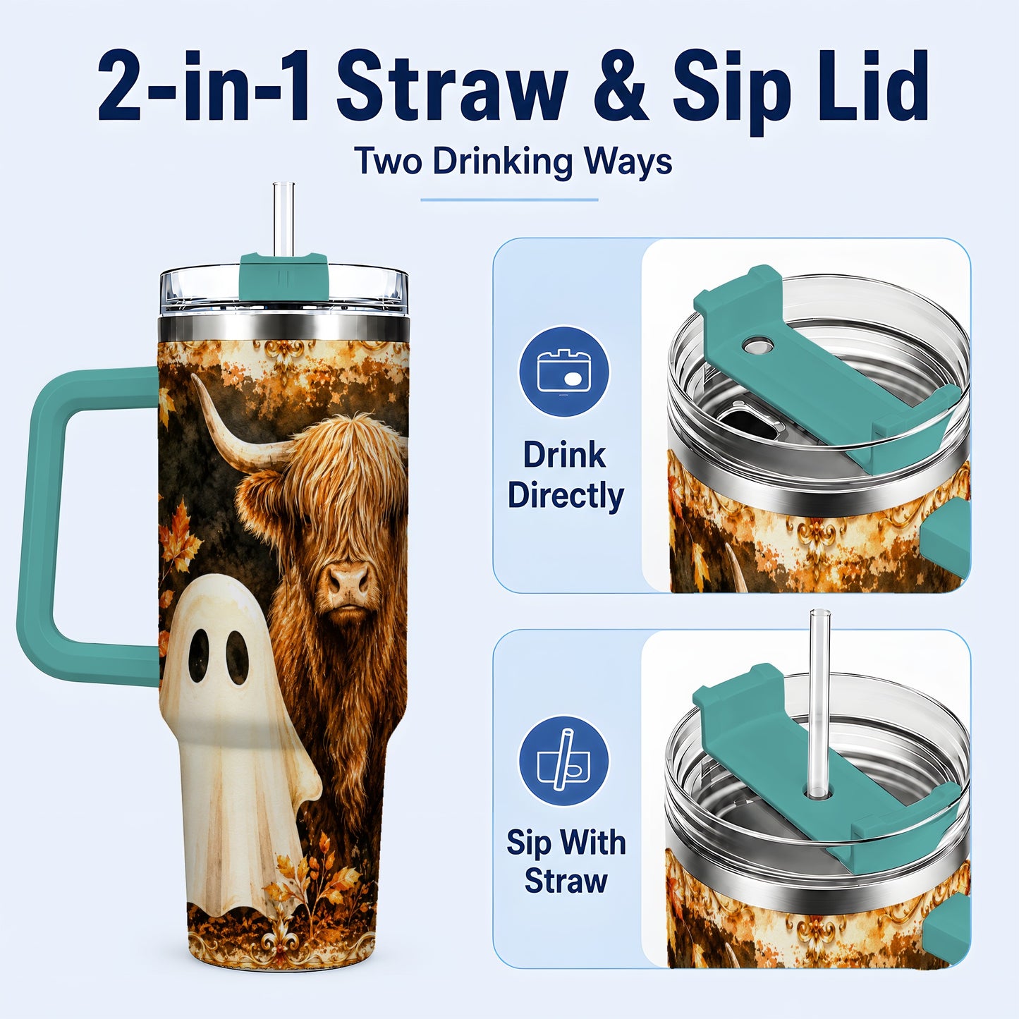 #pl[40oz|Green] Highland Cow Ghost 40oz Tumbler with Handle, Autumn Travel Cup