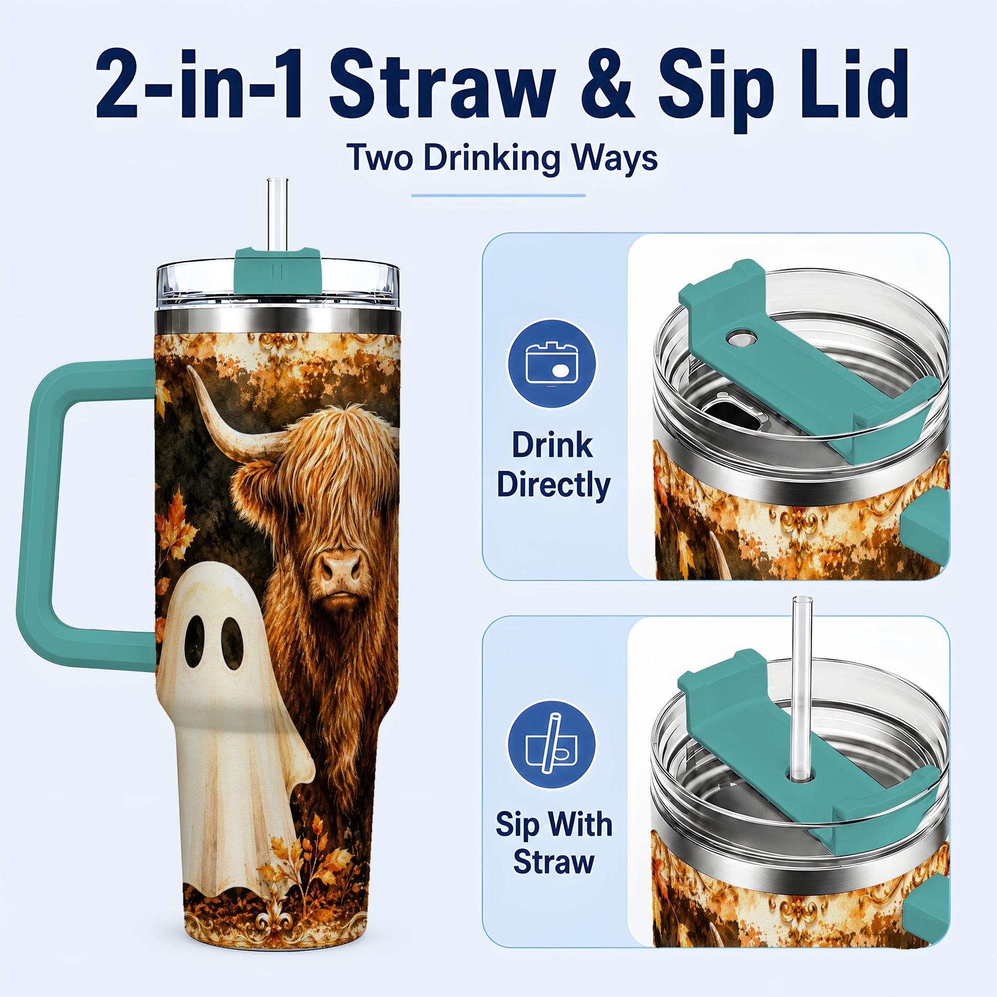 #pl[40oz|Green] Highland Cow Ghost 40oz Tumbler with Handle, Autumn Travel Cup