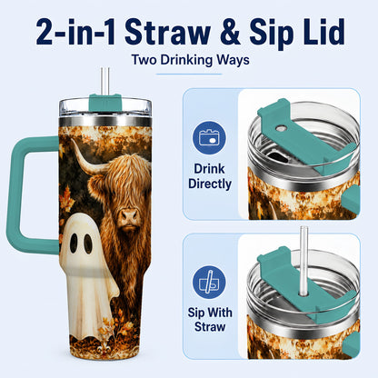 #pl[40oz|Green] Highland Cow Ghost 40oz Tumbler with Handle, Autumn Travel Cup