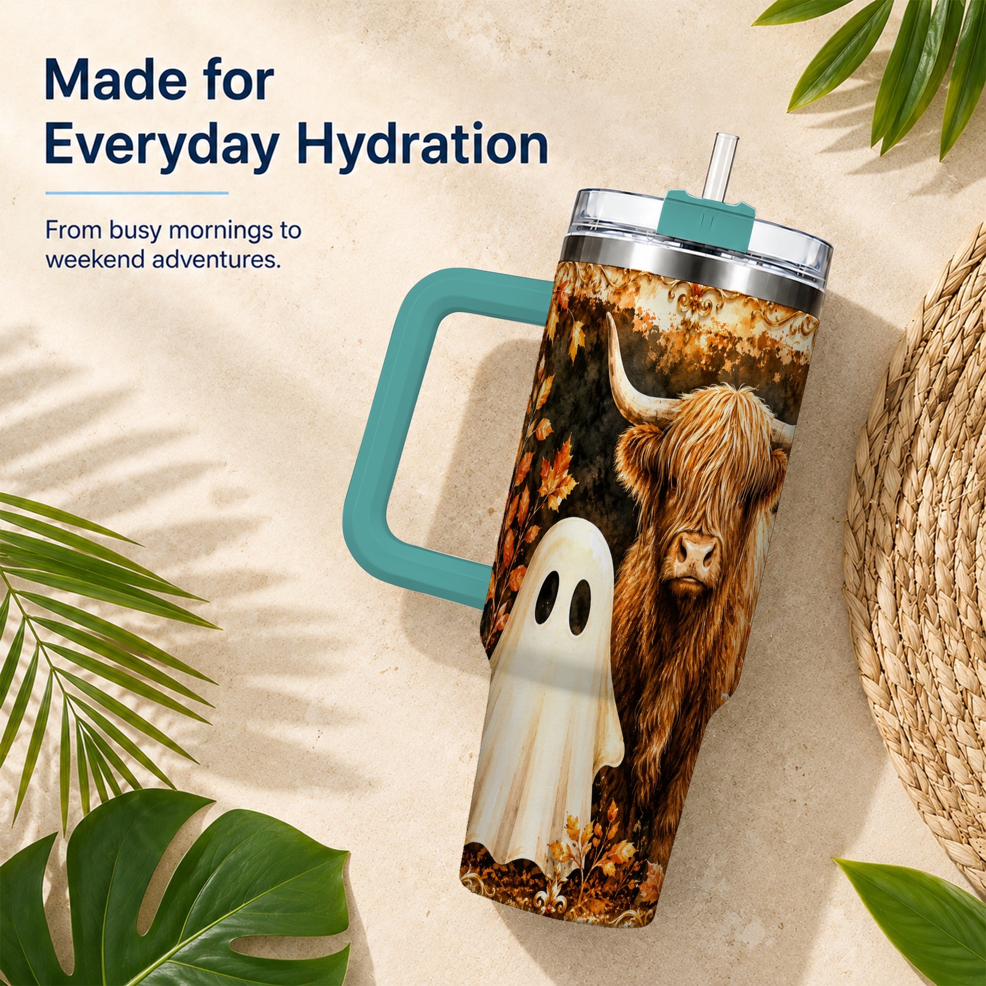 #pl[40oz|Green] Highland Cow Ghost 40oz Tumbler with Handle, Autumn Travel Cup