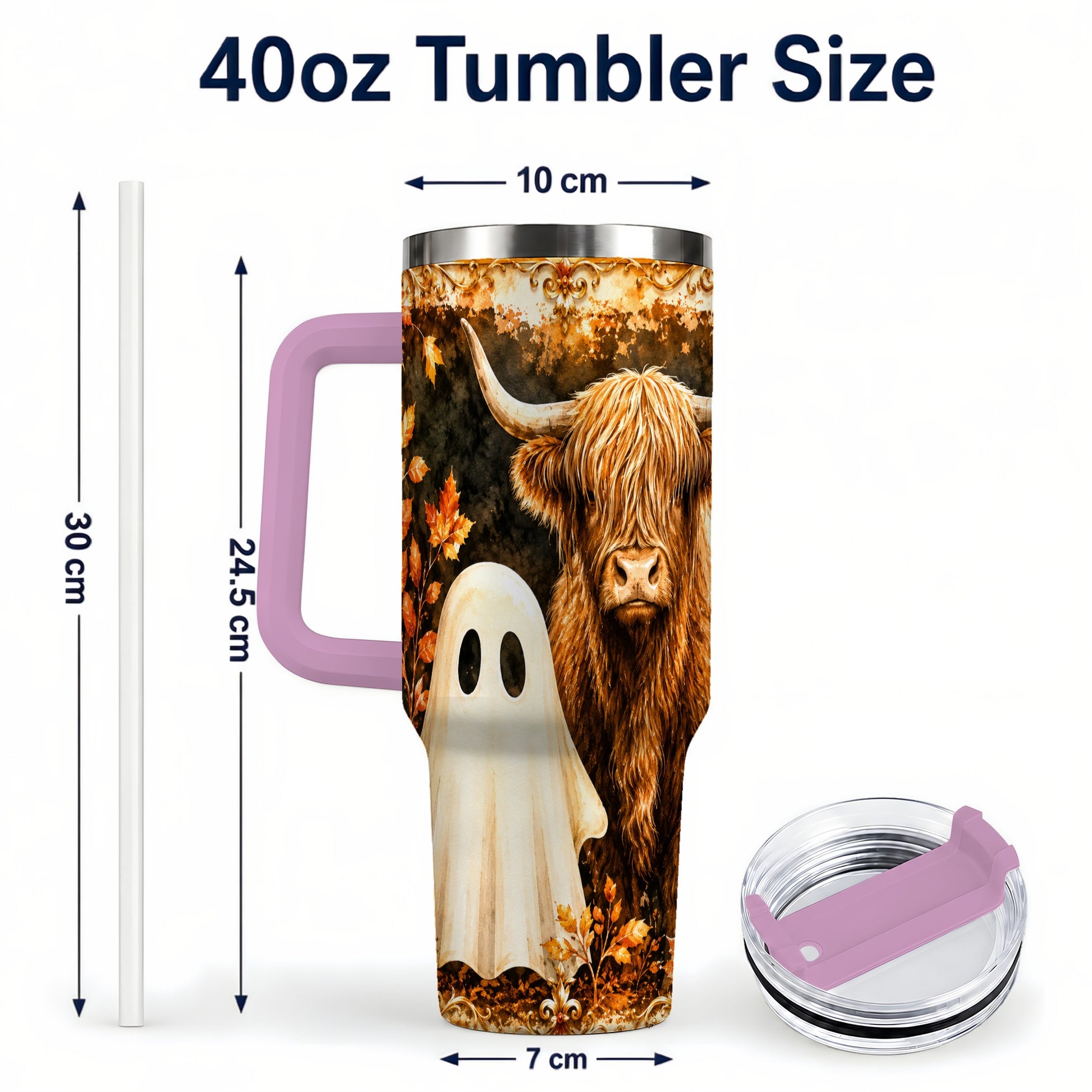#pl[40oz|Pink] Highland Cow Ghost 40oz Tumbler with Handle, Autumn Travel Cup