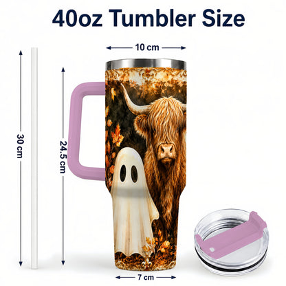 #pl[40oz|Pink] Highland Cow Ghost 40oz Tumbler with Handle, Autumn Travel Cup