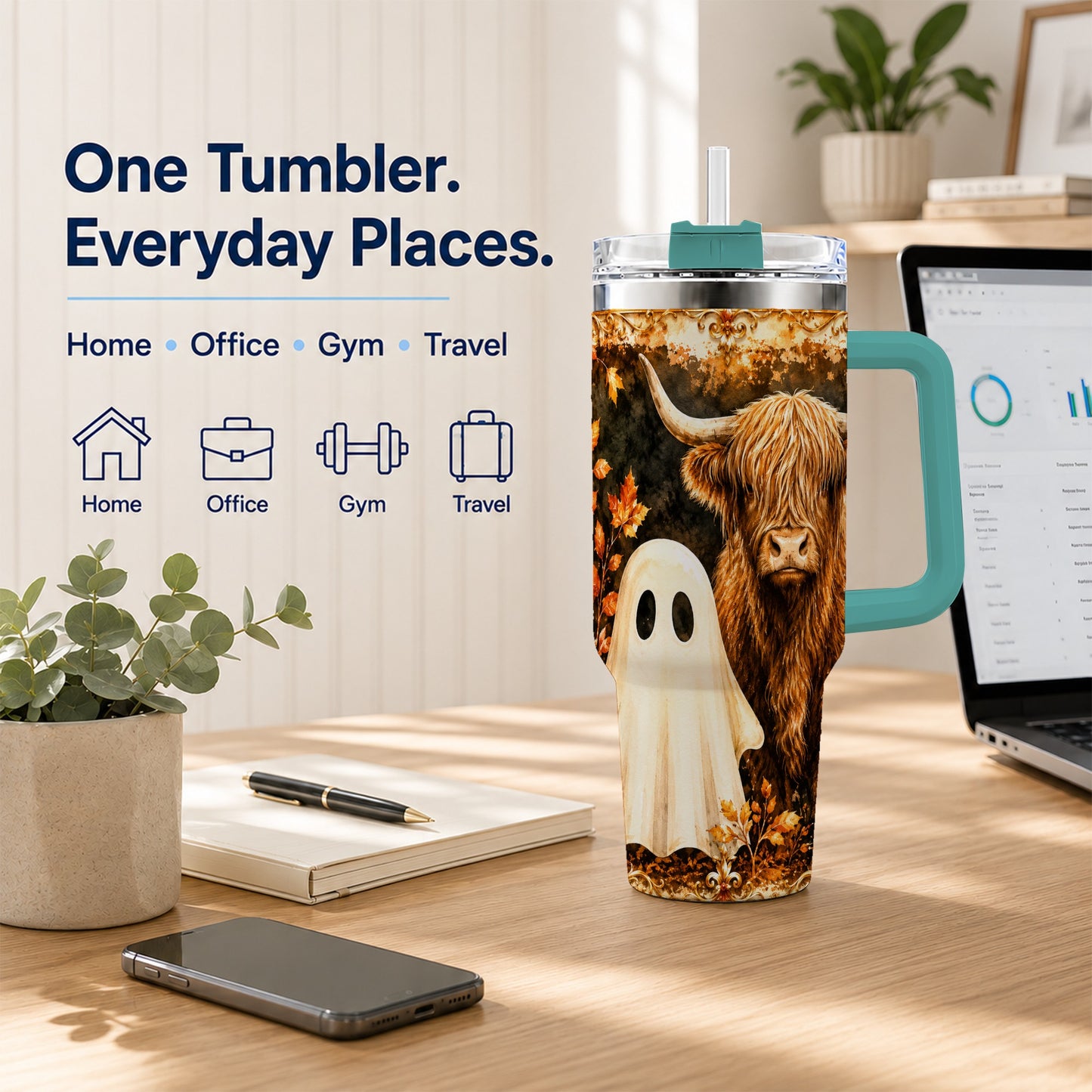 #pl[40oz|Green] Highland Cow Ghost 40oz Tumbler with Handle, Autumn Travel Cup