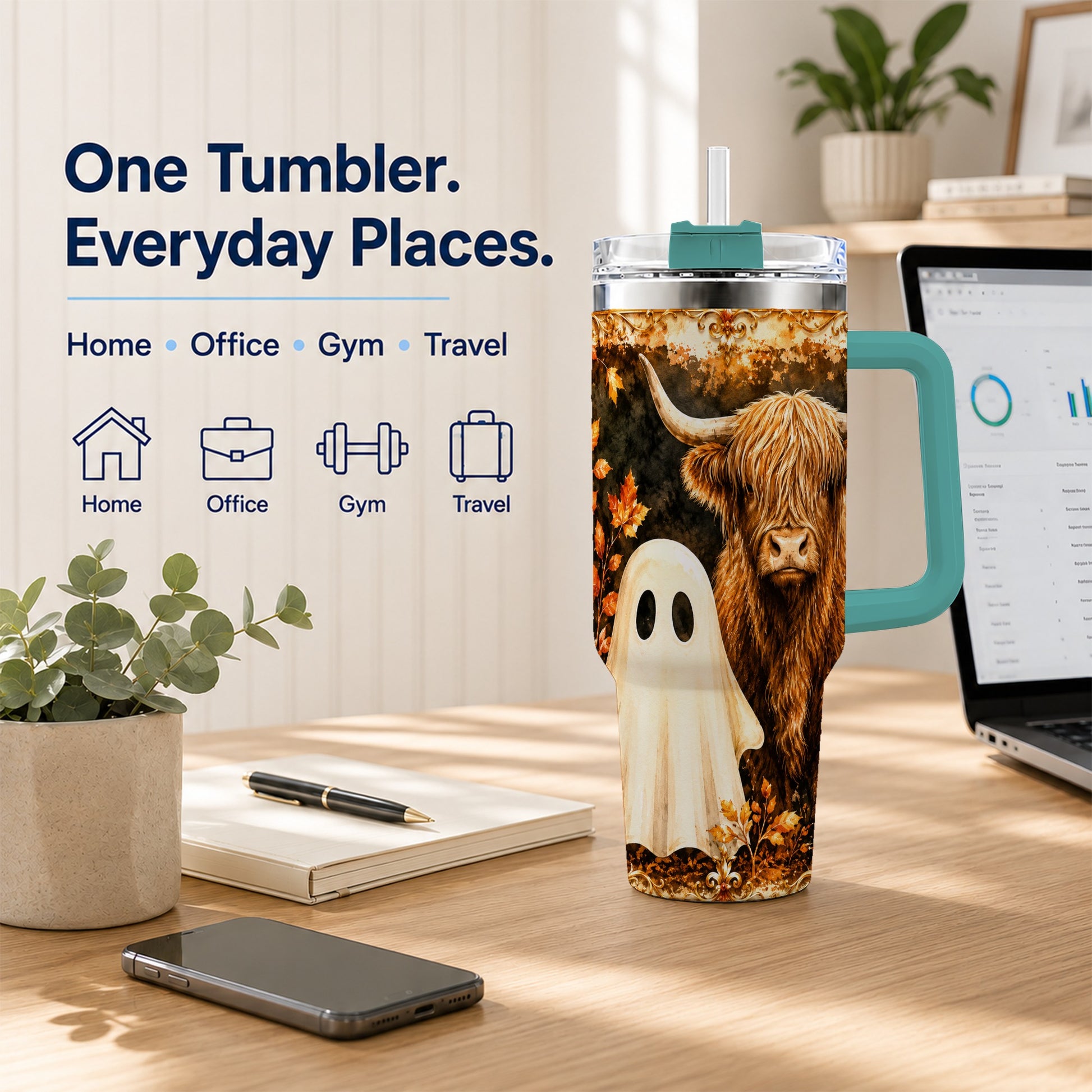 #pl[40oz|Green] Highland Cow Ghost 40oz Tumbler with Handle, Autumn Travel Cup