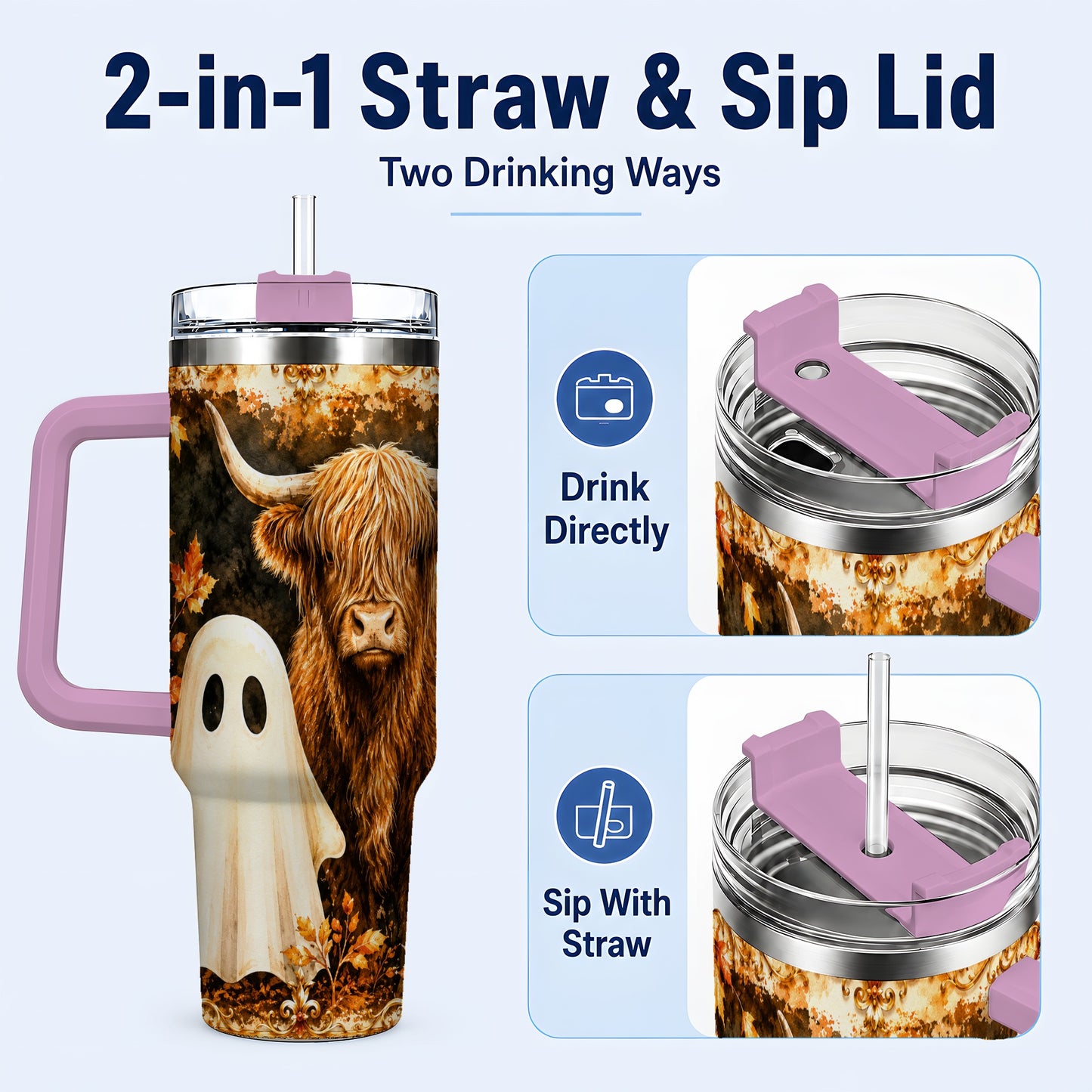 #pl[40oz|Pink] Highland Cow Ghost 40oz Tumbler with Handle, Autumn Travel Cup