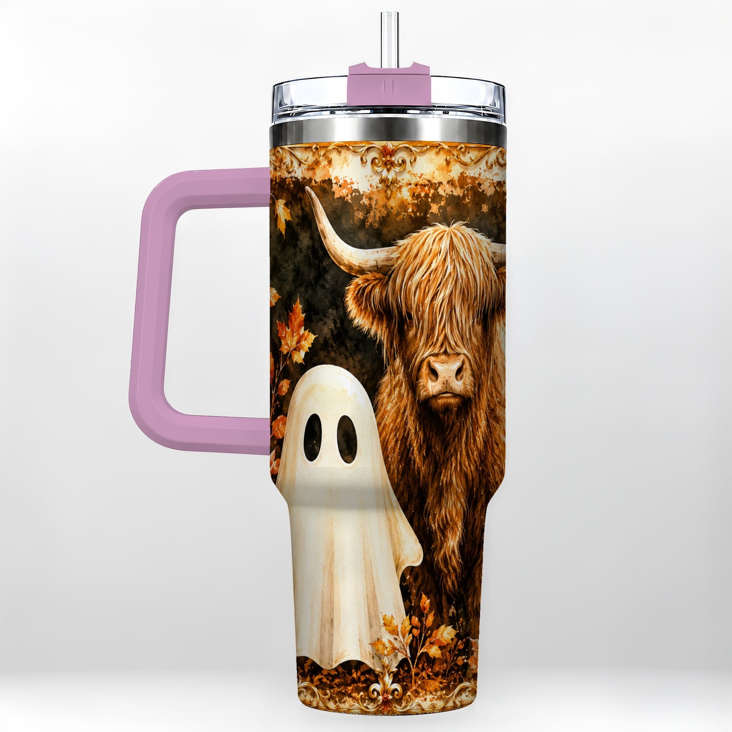 #pl[40oz|Pink] Highland Cow Ghost 40oz Tumbler with Handle, Autumn Travel Cup