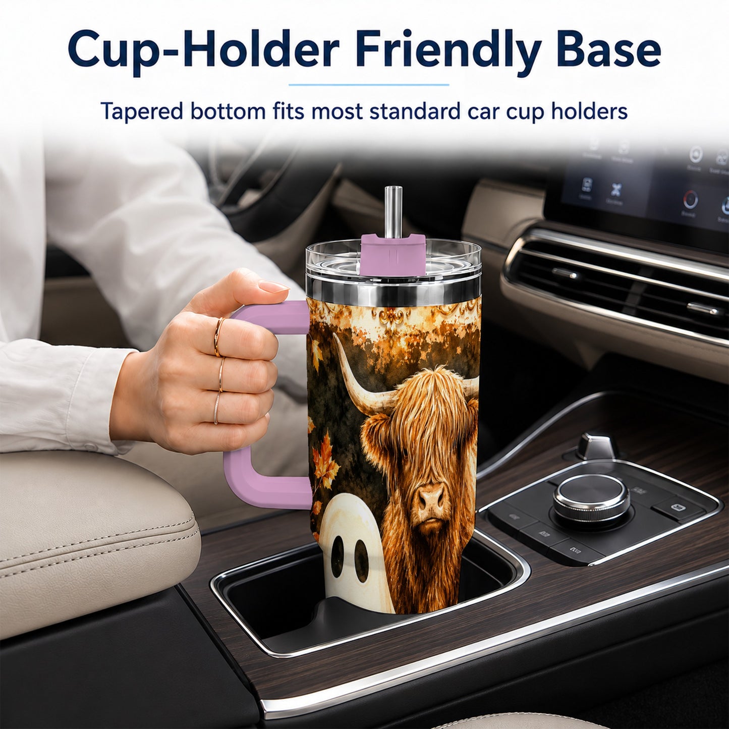 #pl[40oz|Pink] Highland Cow Ghost 40oz Tumbler with Handle, Autumn Travel Cup
