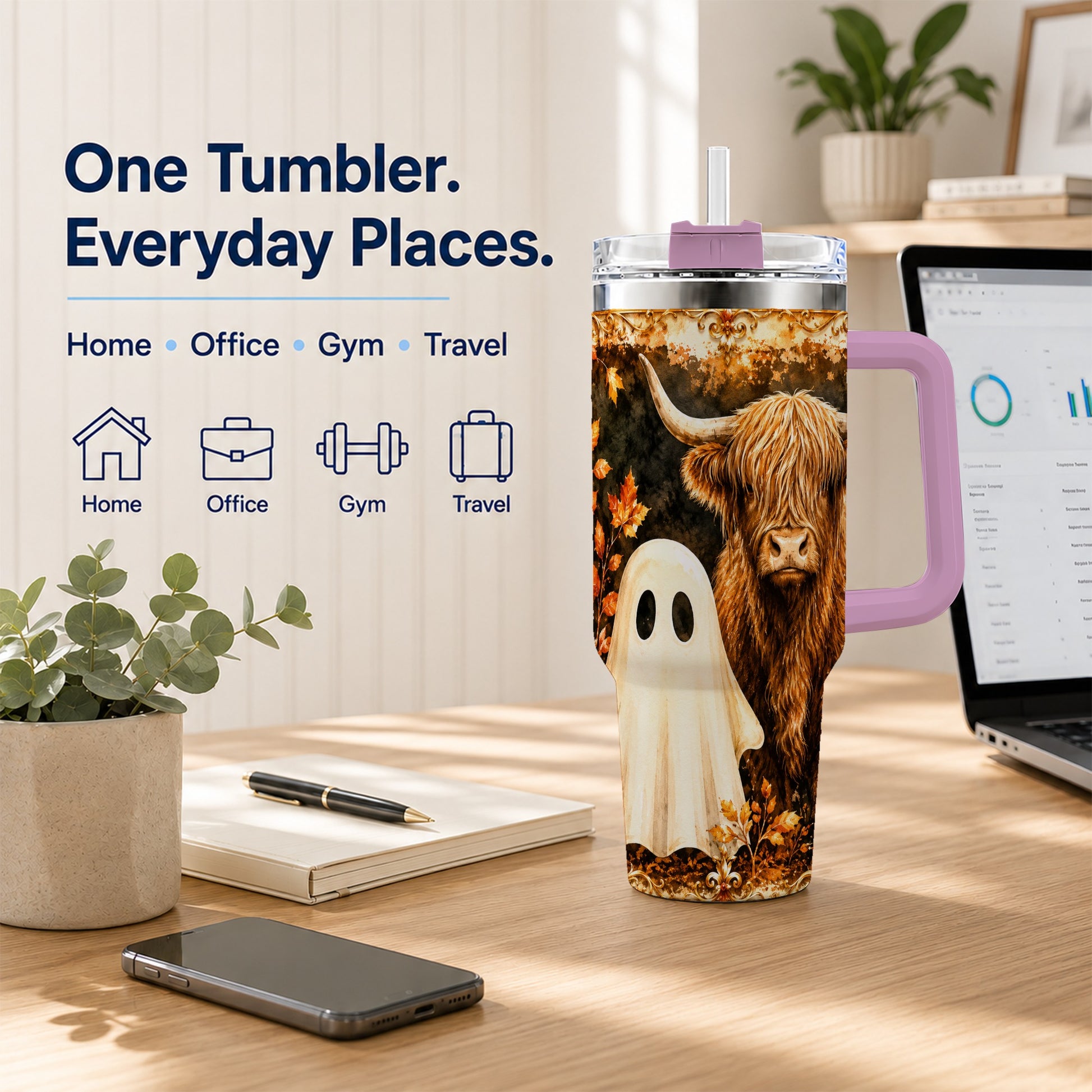 #pl[40oz|Pink] Highland Cow Ghost 40oz Tumbler with Handle, Autumn Travel Cup