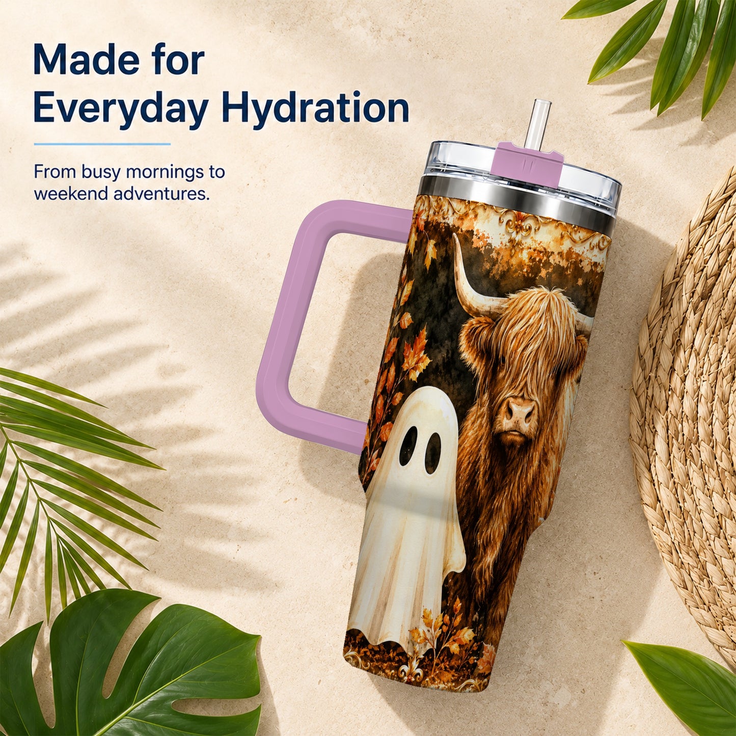 #pl[40oz|Pink] Highland Cow Ghost 40oz Tumbler with Handle, Autumn Travel Cup