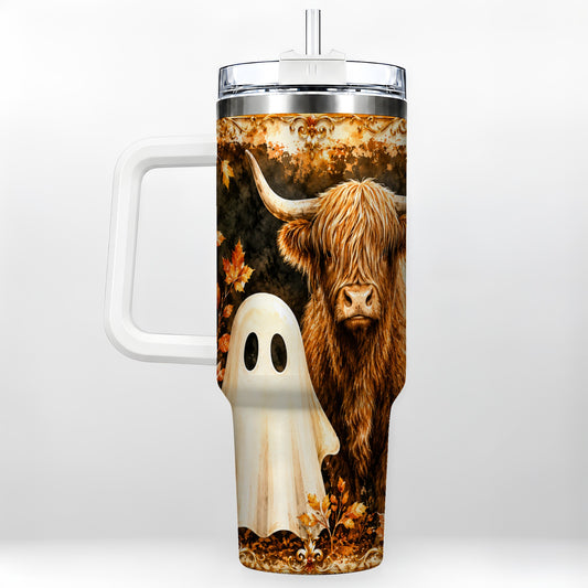 #pl[40oz|White] Highland Cow Ghost 40oz Tumbler with Handle, Autumn Travel Cup
