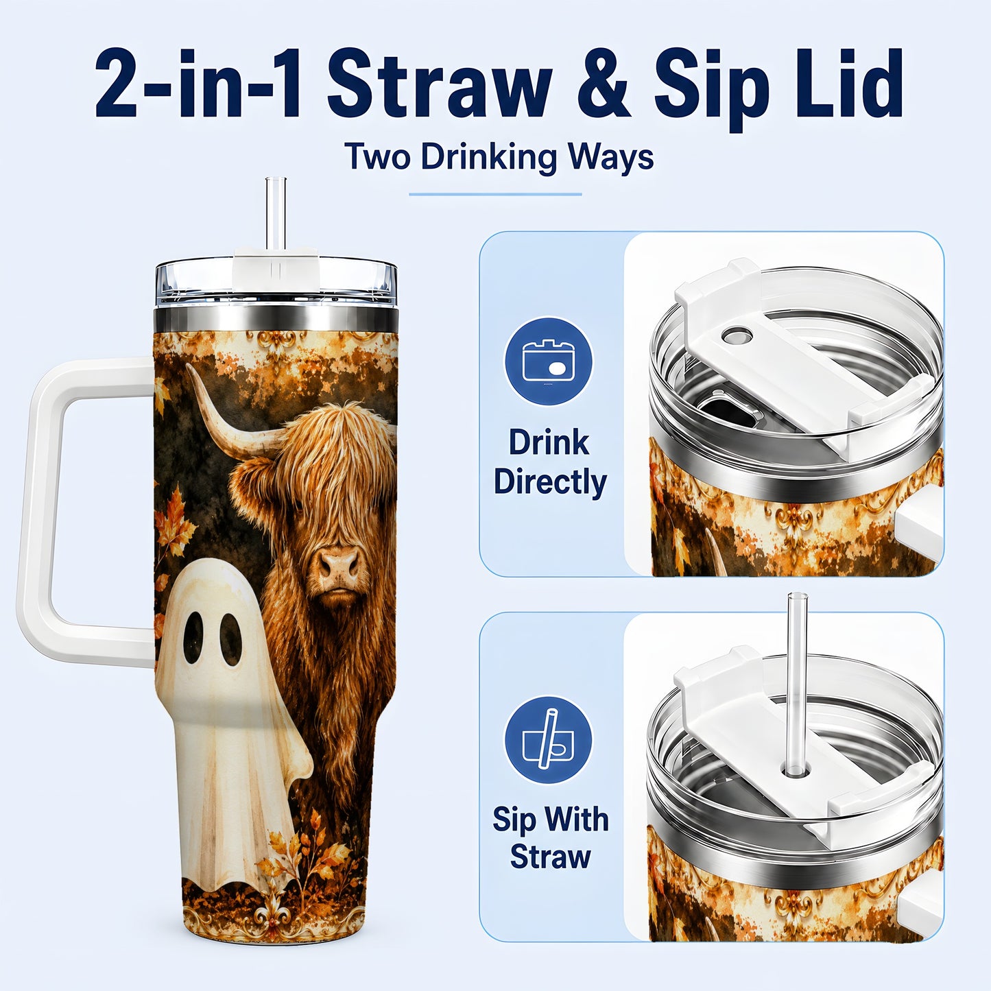#pl[40oz|White] Highland Cow Ghost 40oz Tumbler with Handle, Autumn Travel Cup