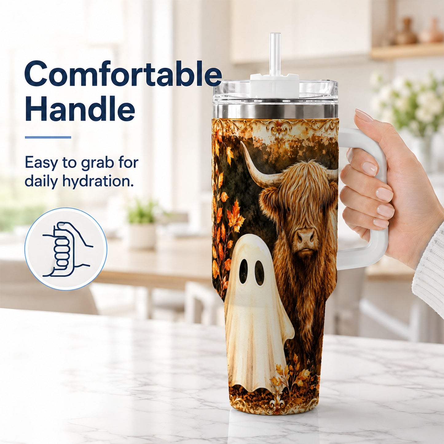 #pl[40oz|White] Highland Cow Ghost 40oz Tumbler with Handle, Autumn Travel Cup