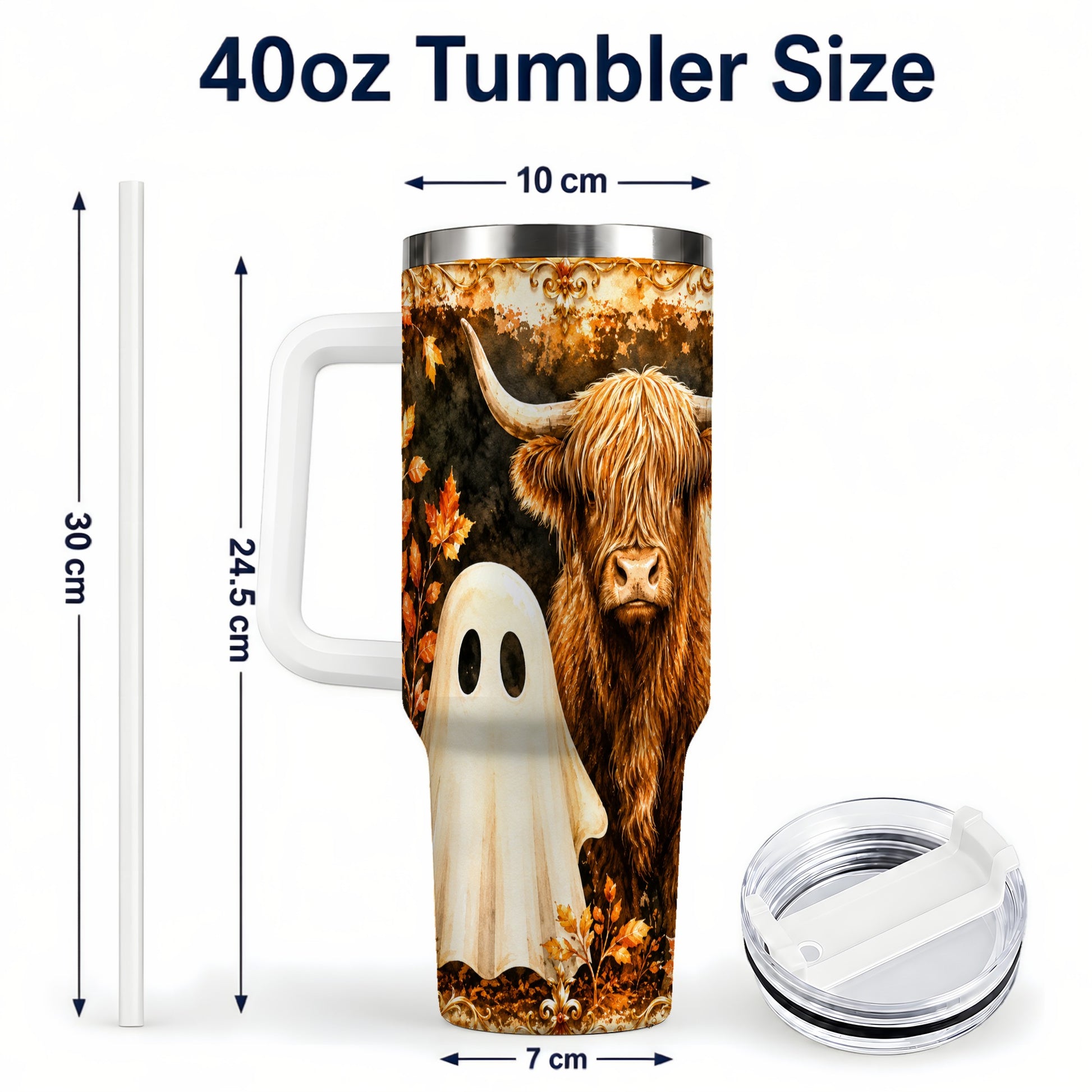 #pl[40oz|White] Highland Cow Ghost 40oz Tumbler with Handle, Autumn Travel Cup