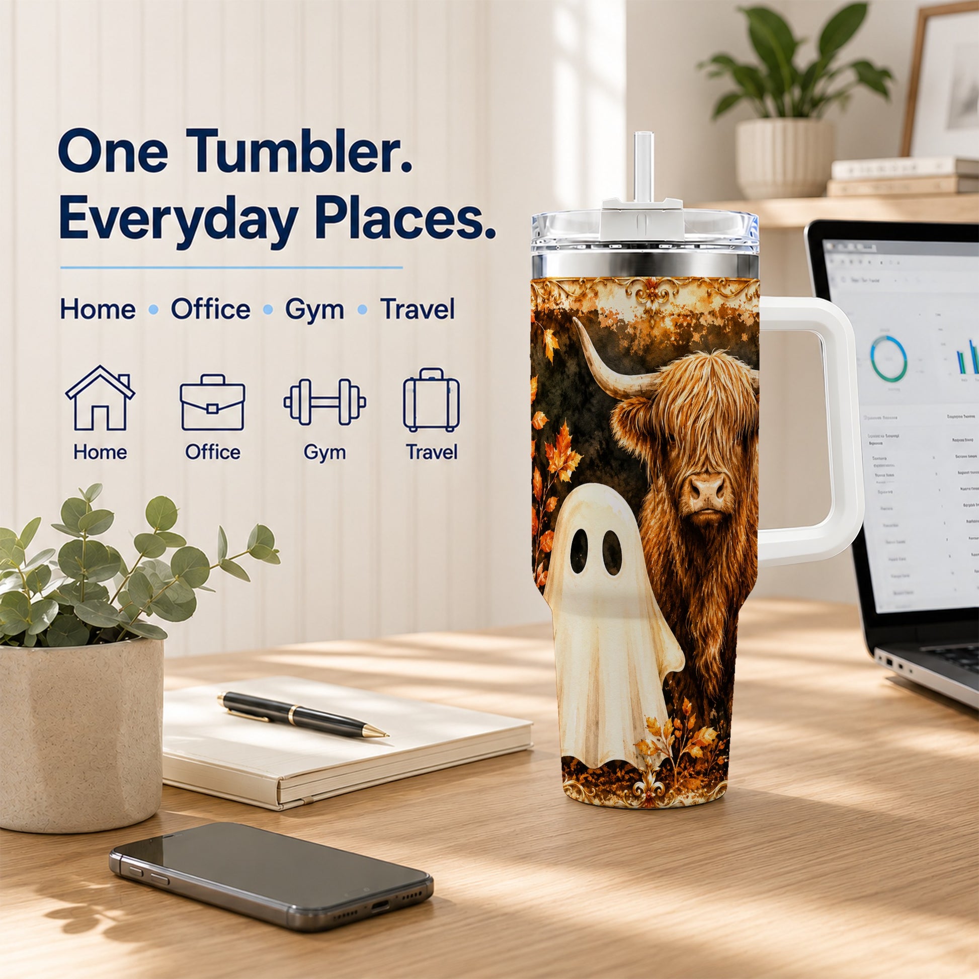 #pl[40oz|White] Highland Cow Ghost 40oz Tumbler with Handle, Autumn Travel Cup