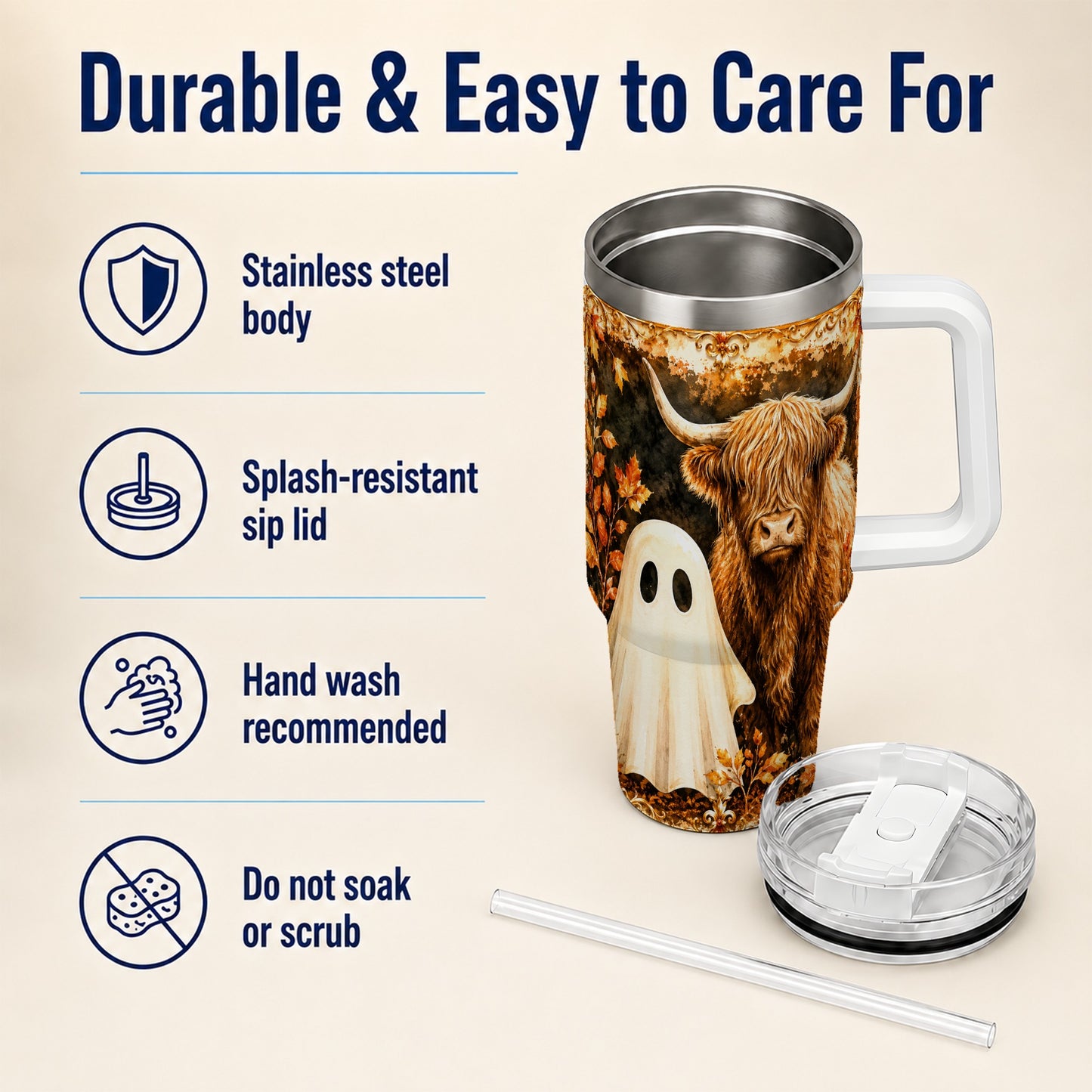 #pl[40oz|White] Highland Cow Ghost 40oz Tumbler with Handle, Autumn Travel Cup
