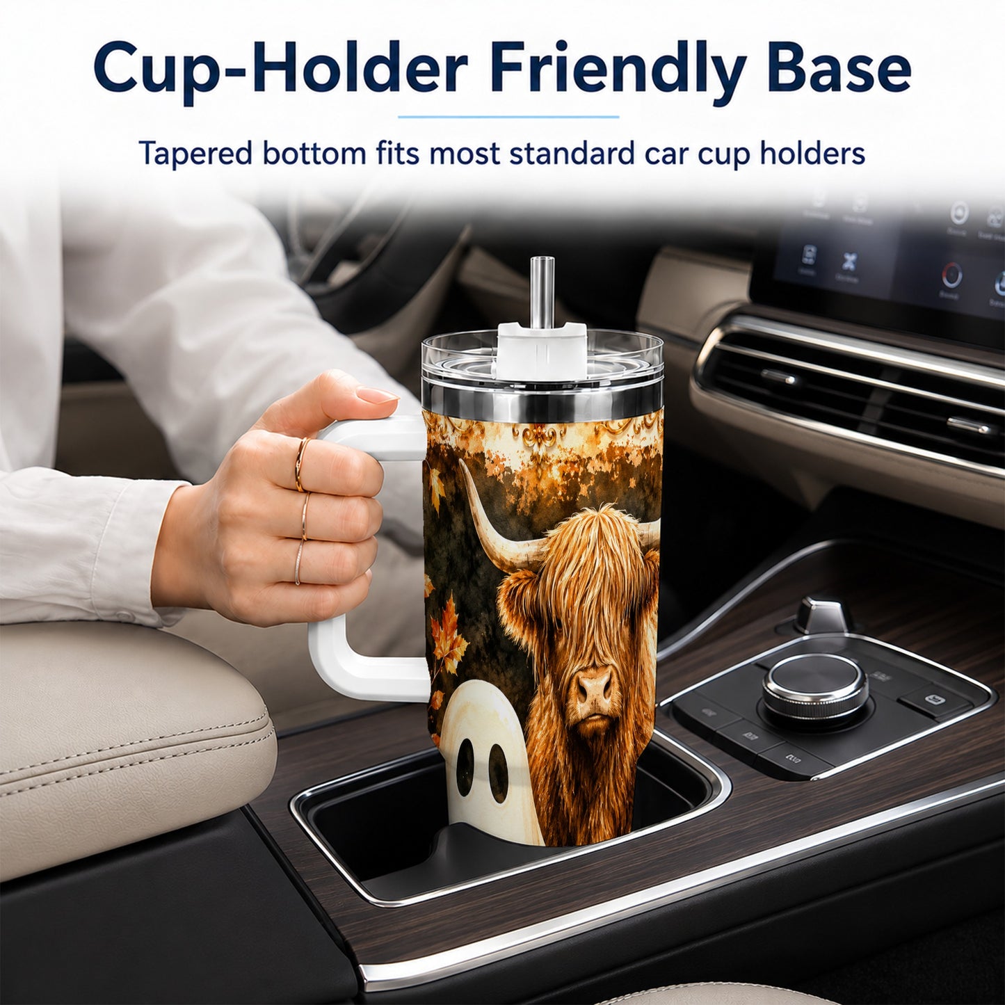 #pl[40oz|White] Highland Cow Ghost 40oz Tumbler with Handle, Autumn Travel Cup