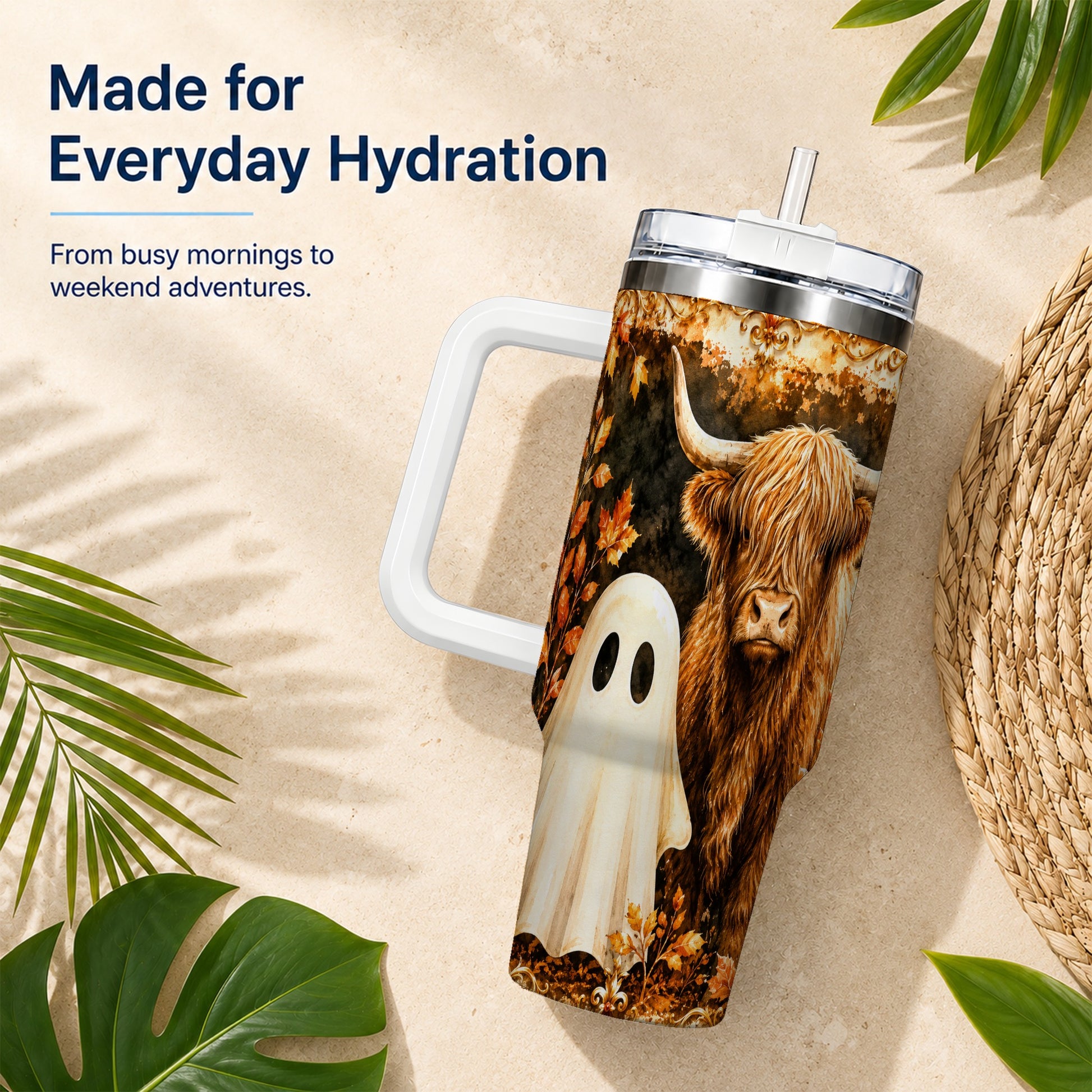 #pl[40oz|White] Highland Cow Ghost 40oz Tumbler with Handle, Autumn Travel Cup