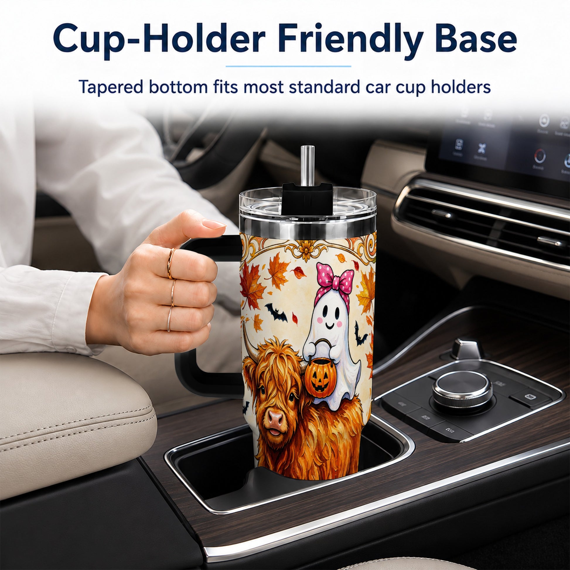 #pl[40oz|Black] Highland Cow Ghost 40oz Tumbler with Handle, Pumpkin Travel Cup