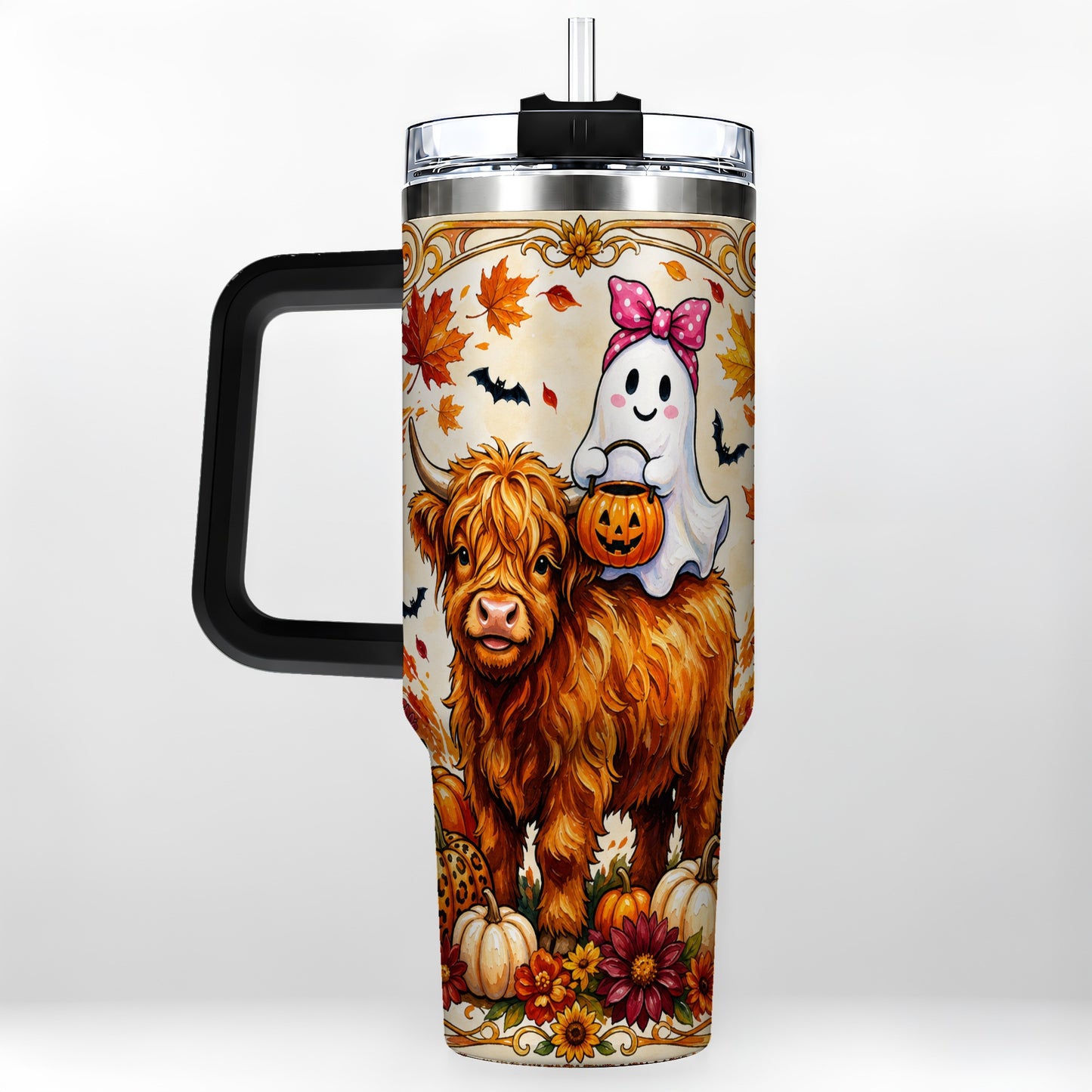 #pl[40oz|Black] Highland Cow Ghost 40oz Tumbler with Handle, Pumpkin Travel Cup