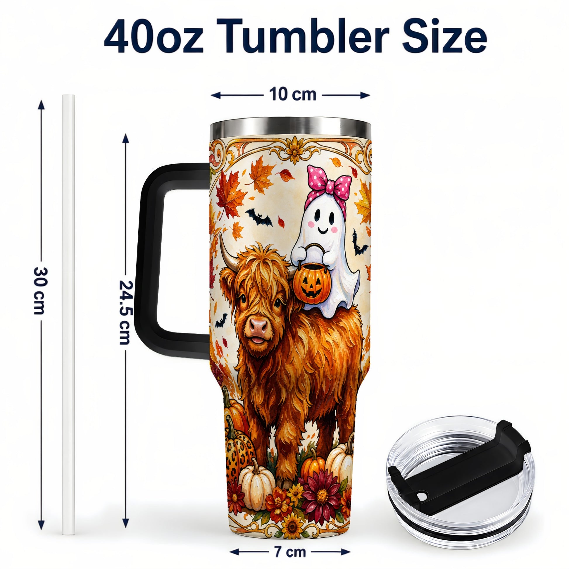 #pl[40oz|Black] Highland Cow Ghost 40oz Tumbler with Handle, Pumpkin Travel Cup