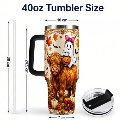 #pl[40oz|Black] Highland Cow Ghost 40oz Tumbler with Handle, Pumpkin Travel Cup