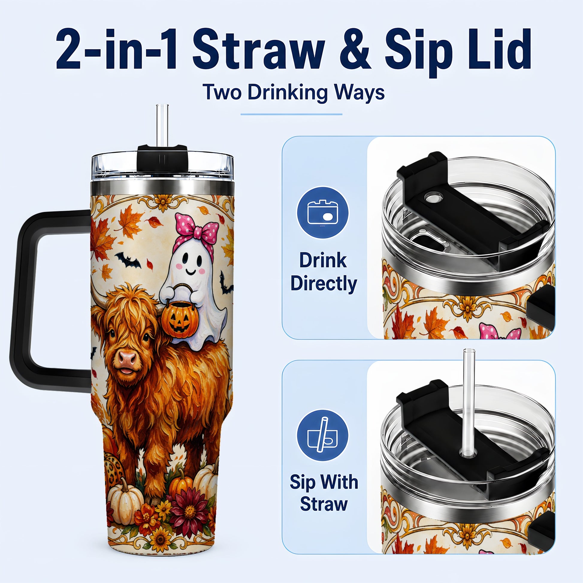 #pl[40oz|Black] Highland Cow Ghost 40oz Tumbler with Handle, Pumpkin Travel Cup
