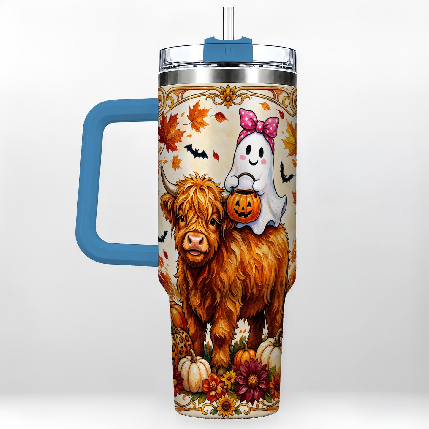 #pl[40oz|Blue] Highland Cow Ghost 40oz Tumbler with Handle, Pumpkin Travel Cup