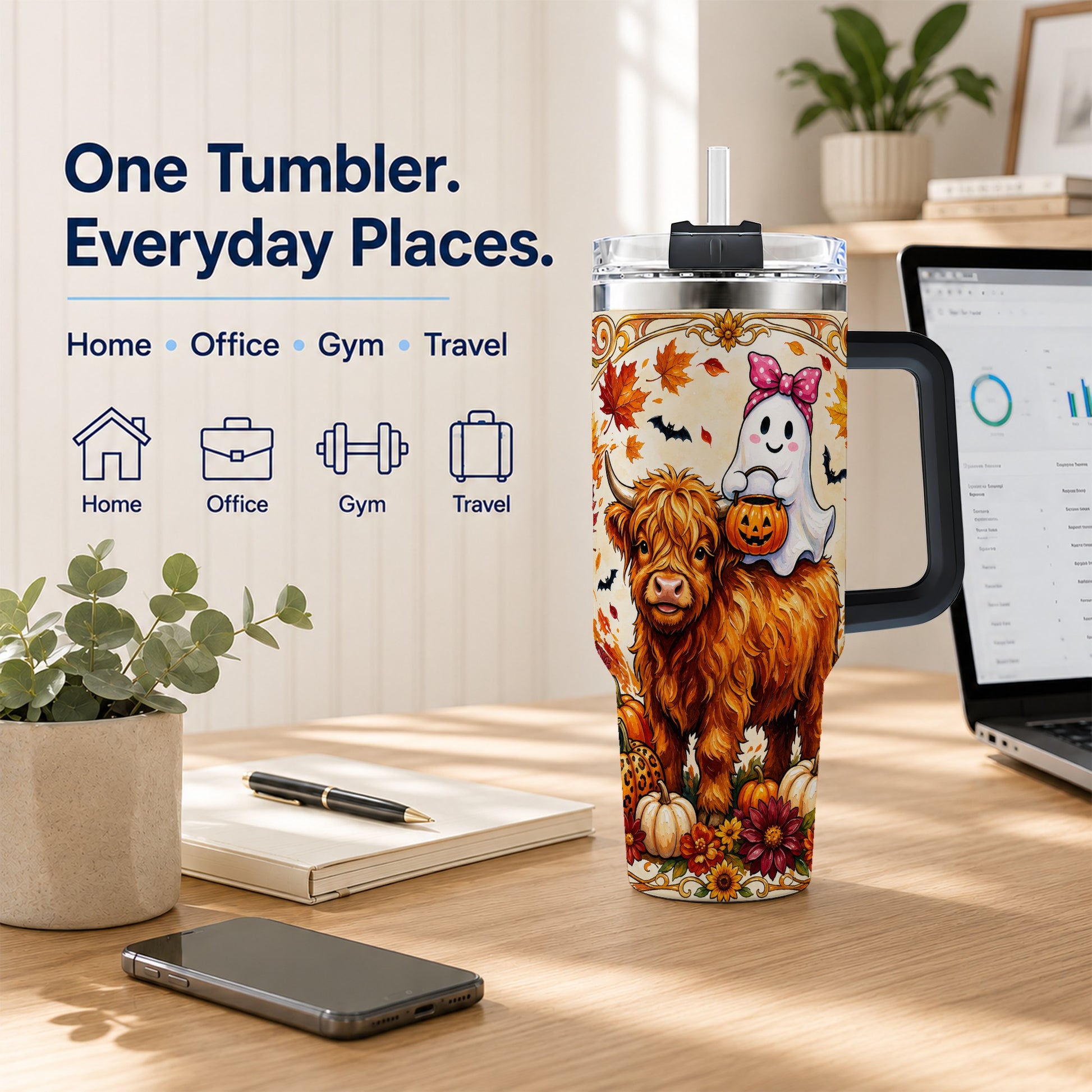 #pl[40oz|Black] Highland Cow Ghost 40oz Tumbler with Handle, Pumpkin Travel Cup