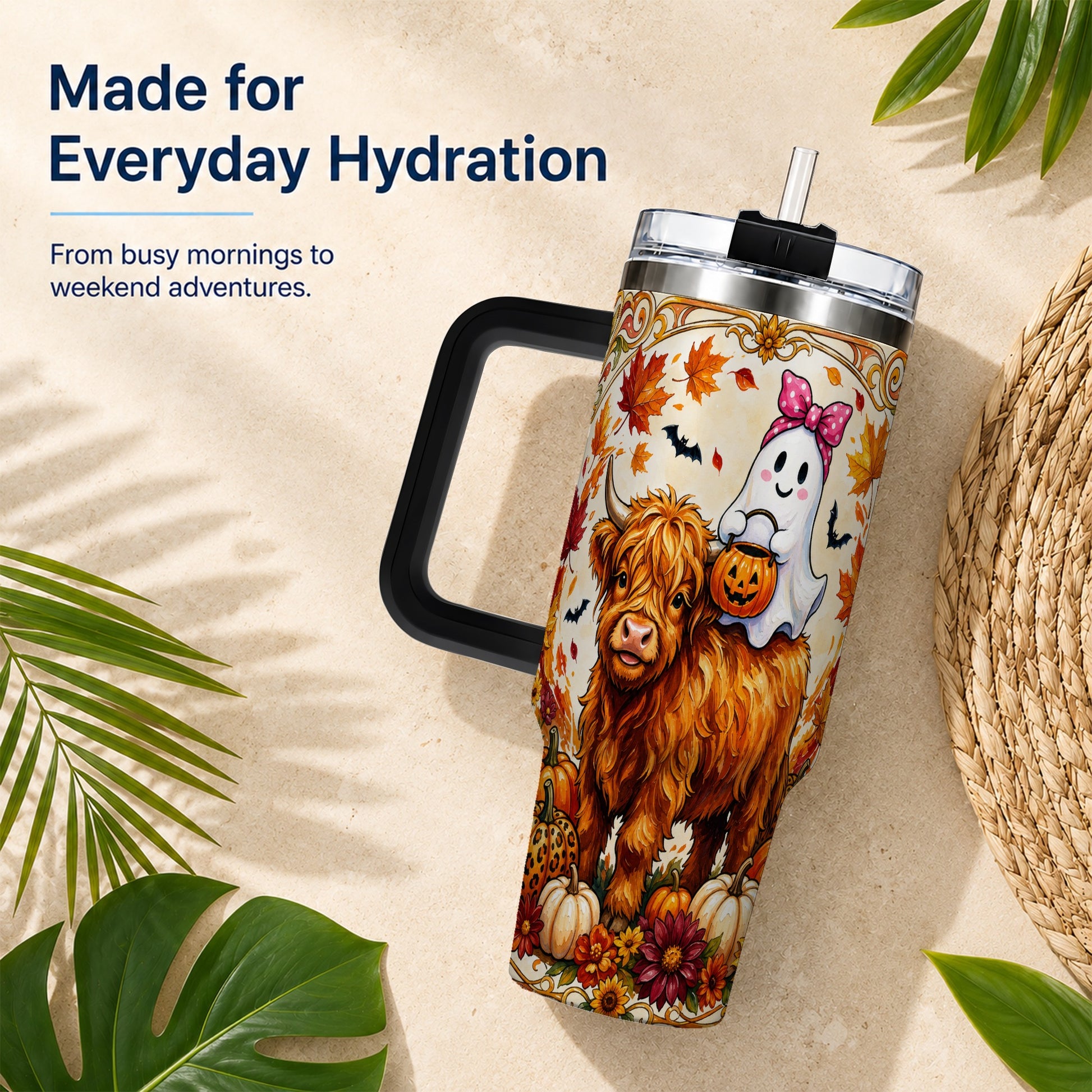 #pl[40oz|Black] Highland Cow Ghost 40oz Tumbler with Handle, Pumpkin Travel Cup