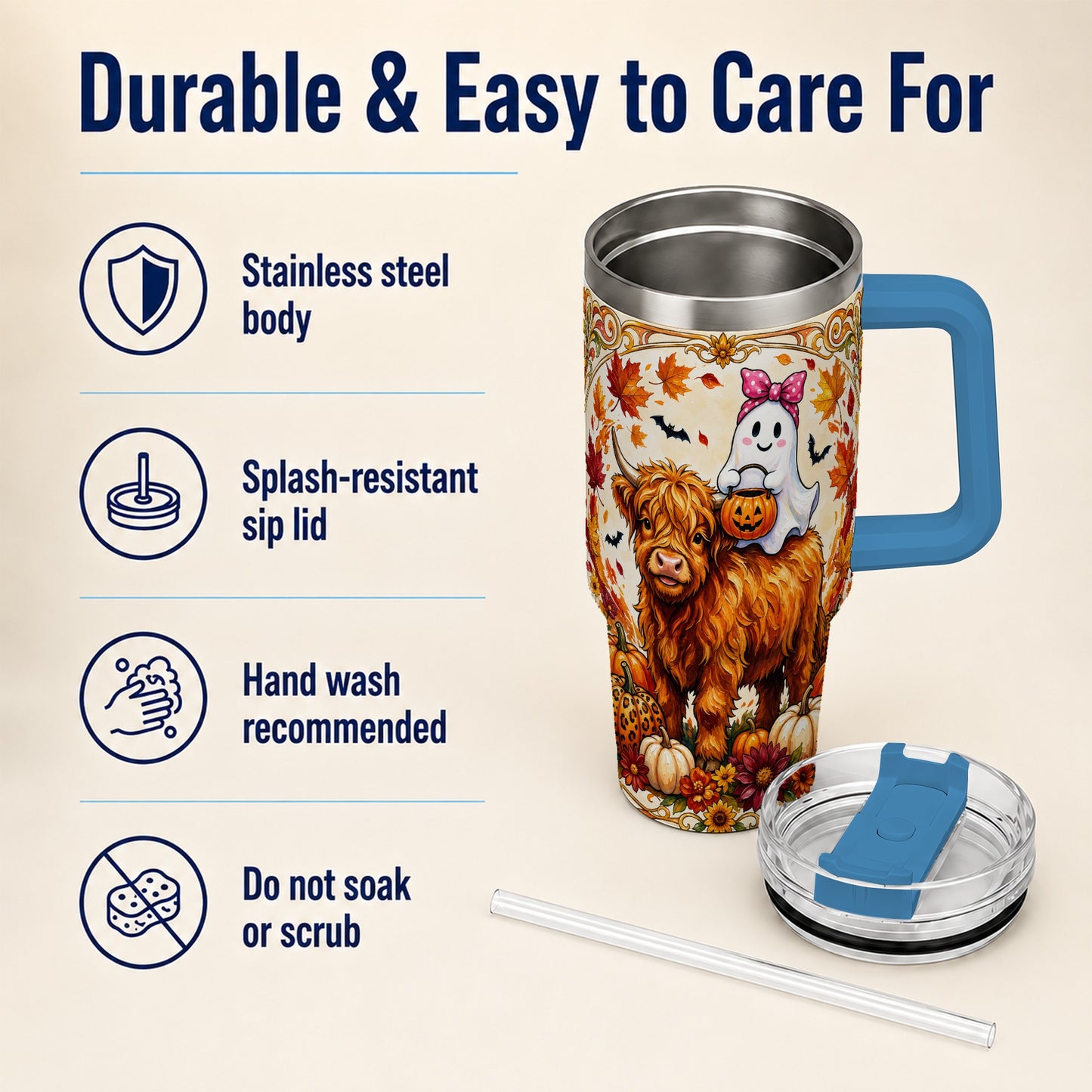 #pl[40oz|Blue] Highland Cow Ghost 40oz Tumbler with Handle, Pumpkin Travel Cup