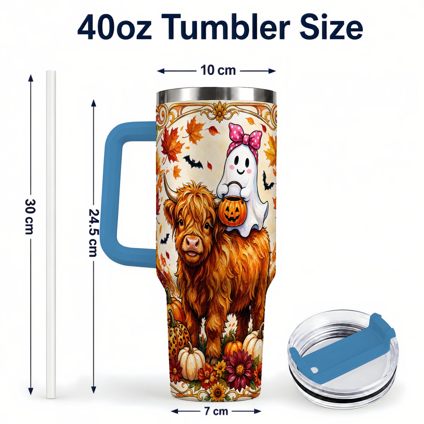 #pl[40oz|Blue] Highland Cow Ghost 40oz Tumbler with Handle, Pumpkin Travel Cup