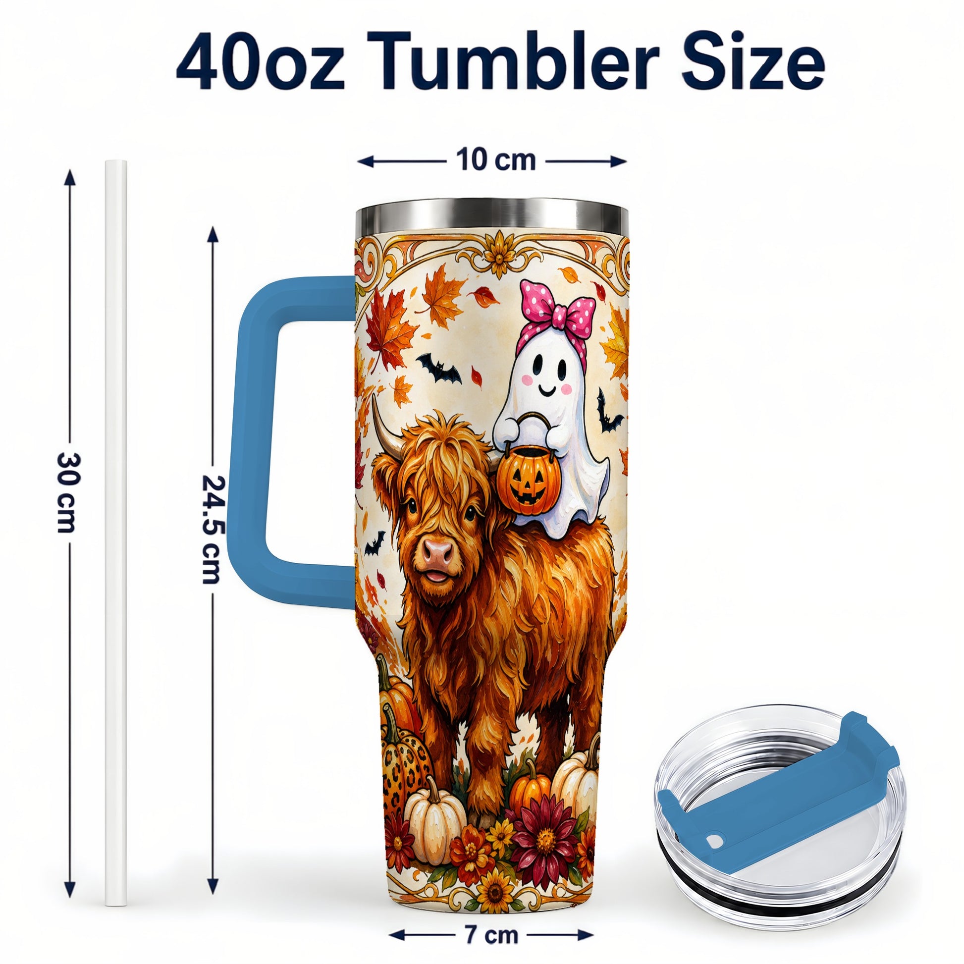 #pl[40oz|Blue] Highland Cow Ghost 40oz Tumbler with Handle, Pumpkin Travel Cup
