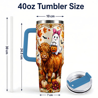 #pl[40oz|Blue] Highland Cow Ghost 40oz Tumbler with Handle, Pumpkin Travel Cup