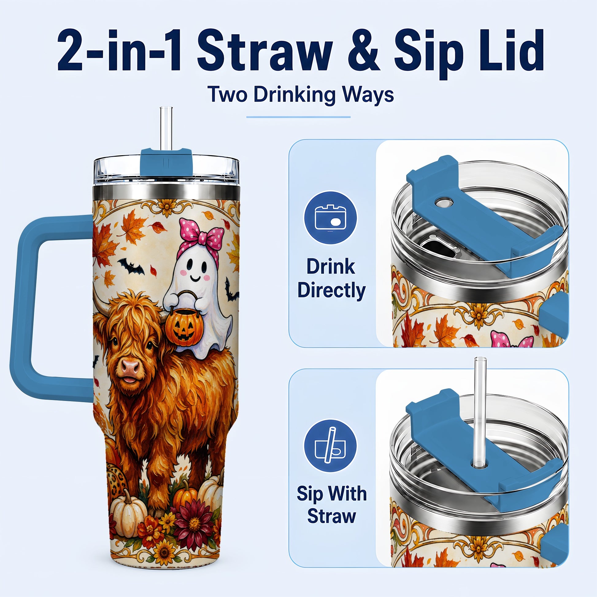 #pl[40oz|Blue] Highland Cow Ghost 40oz Tumbler with Handle, Pumpkin Travel Cup