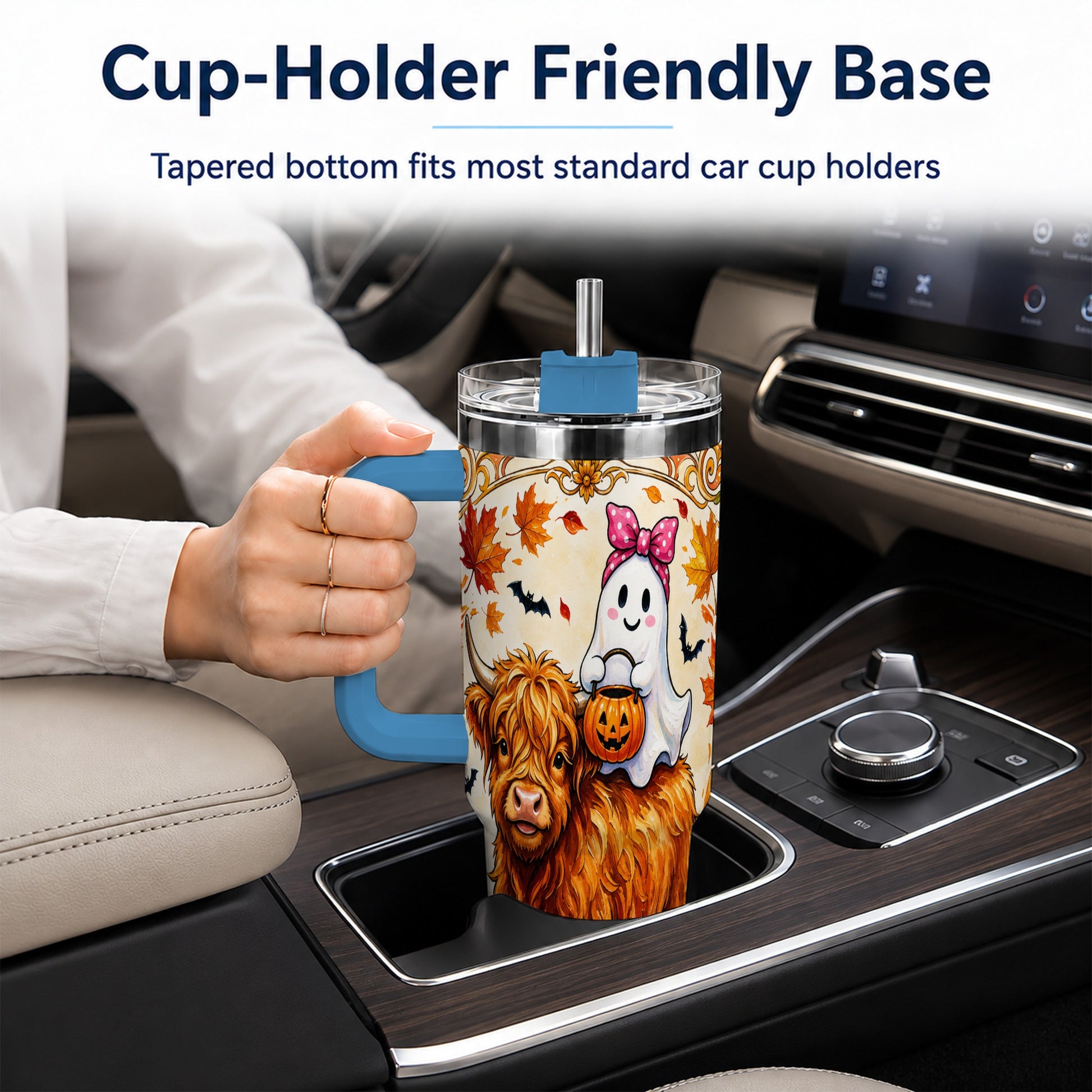 #pl[40oz|Blue] Highland Cow Ghost 40oz Tumbler with Handle, Pumpkin Travel Cup