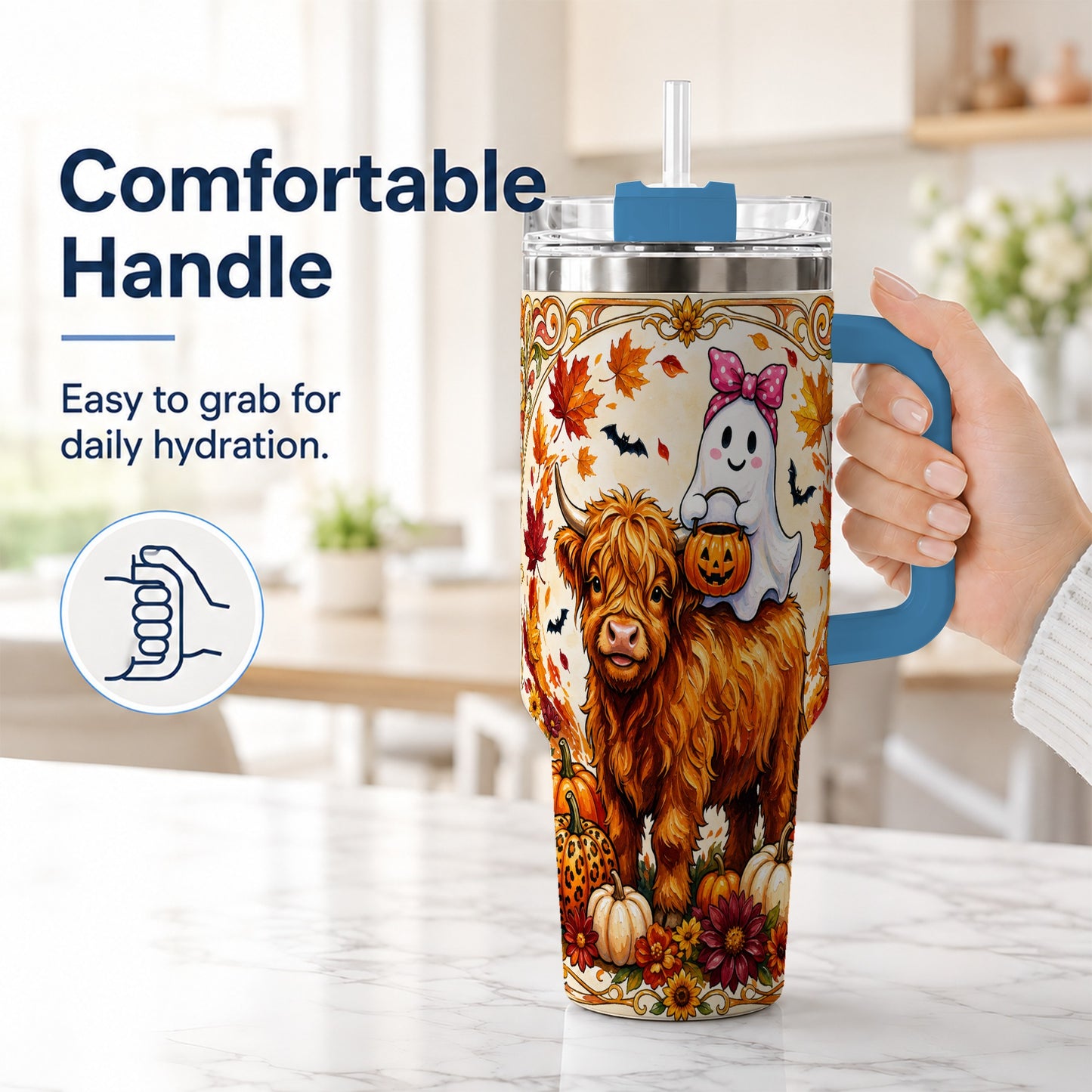 #pl[40oz|Blue] Highland Cow Ghost 40oz Tumbler with Handle, Pumpkin Travel Cup