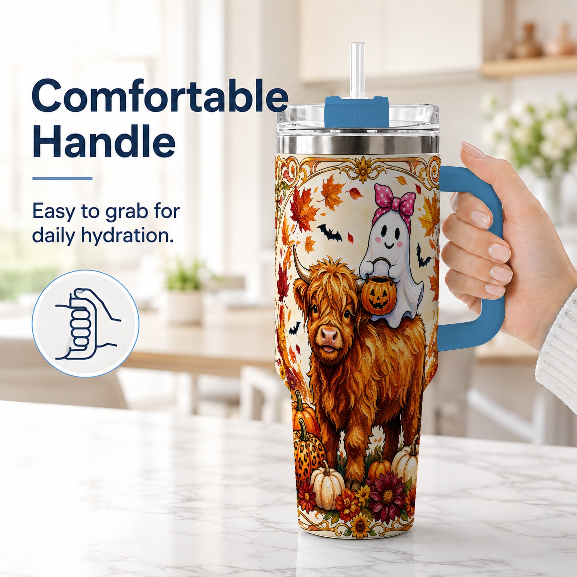 #pl[40oz|Blue] Highland Cow Ghost 40oz Tumbler with Handle, Pumpkin Travel Cup