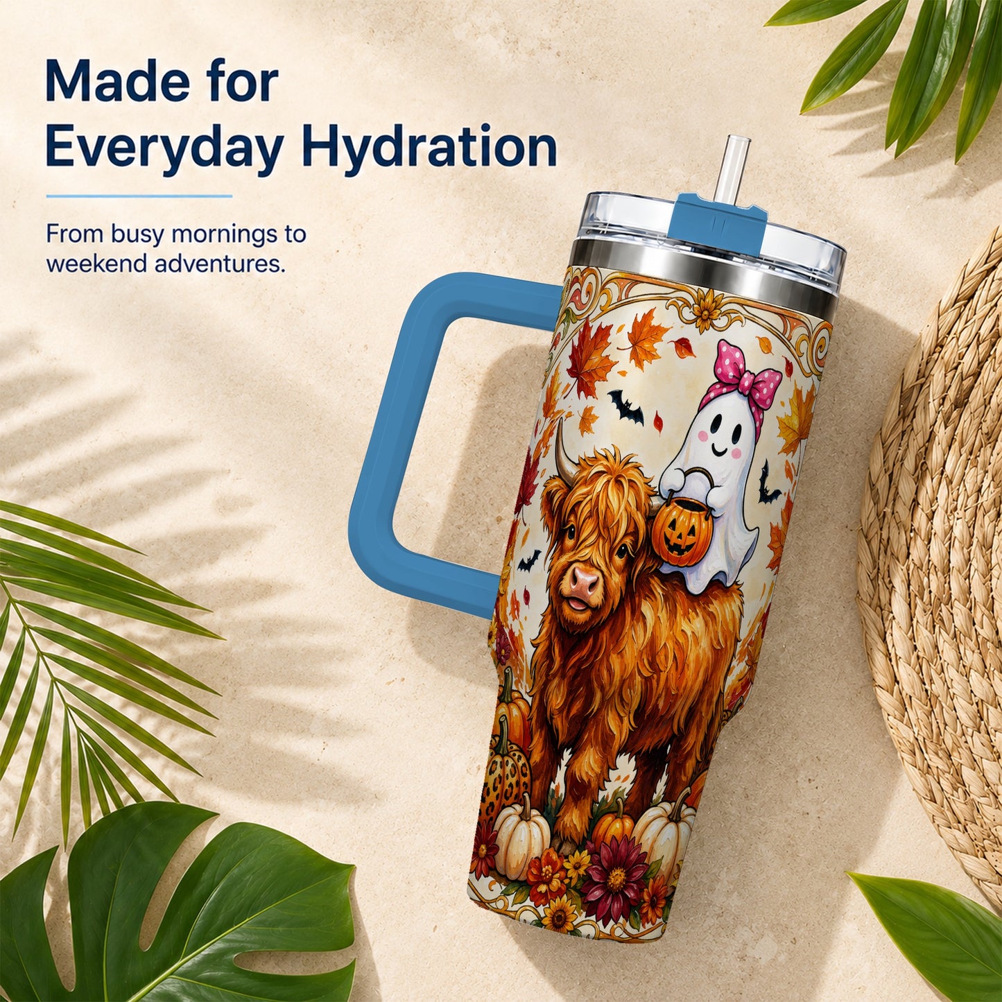 #pl[40oz|Blue] Highland Cow Ghost 40oz Tumbler with Handle, Pumpkin Travel Cup