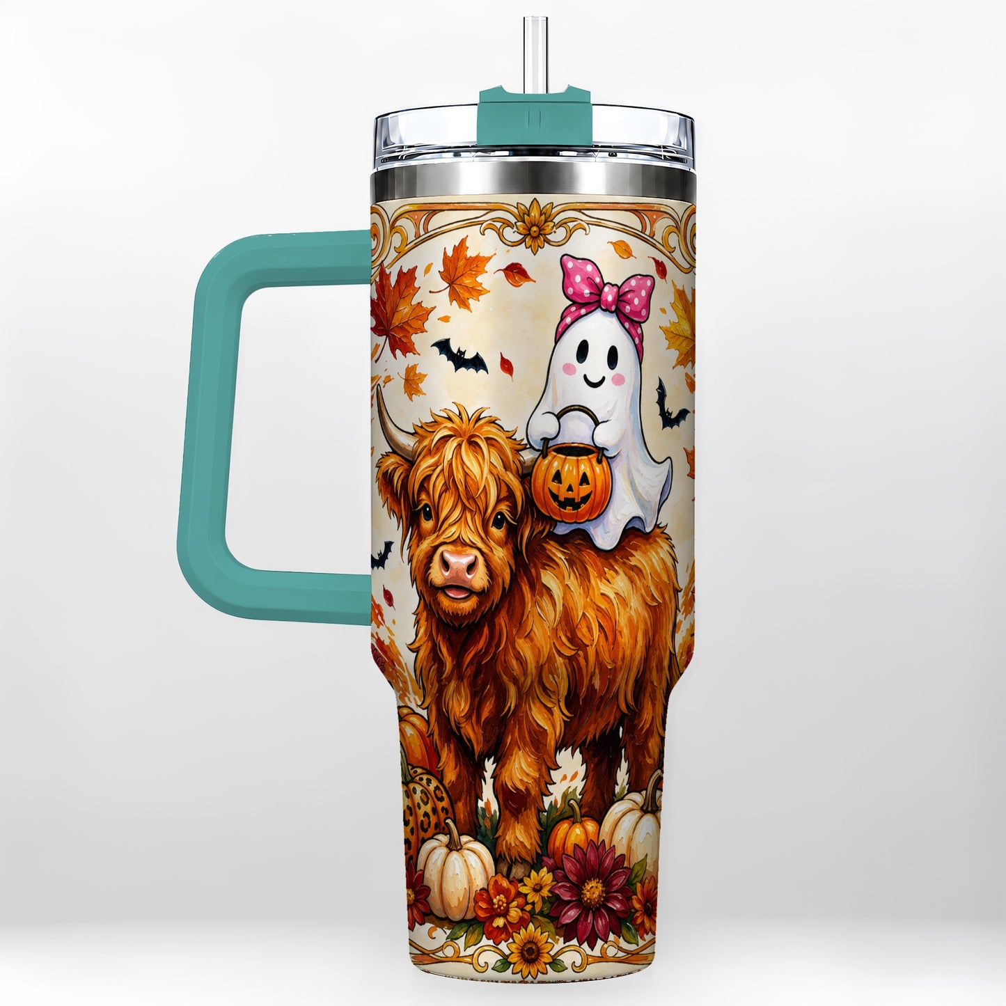 #pl[40oz|Green] Highland Cow Ghost 40oz Tumbler with Handle, Pumpkin Travel Cup