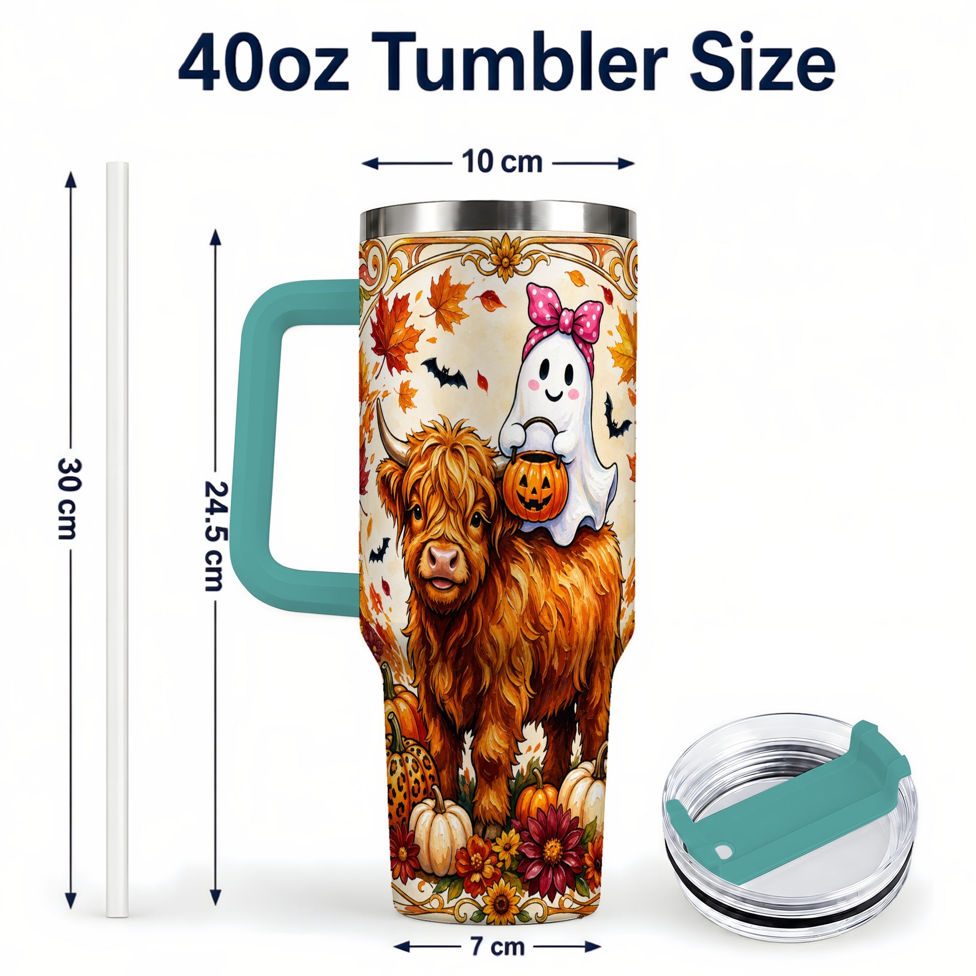 #pl[40oz|Green] Highland Cow Ghost 40oz Tumbler with Handle, Pumpkin Travel Cup