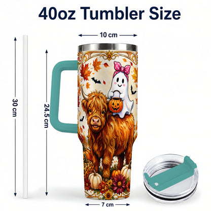 #pl[40oz|Green] Highland Cow Ghost 40oz Tumbler with Handle, Pumpkin Travel Cup