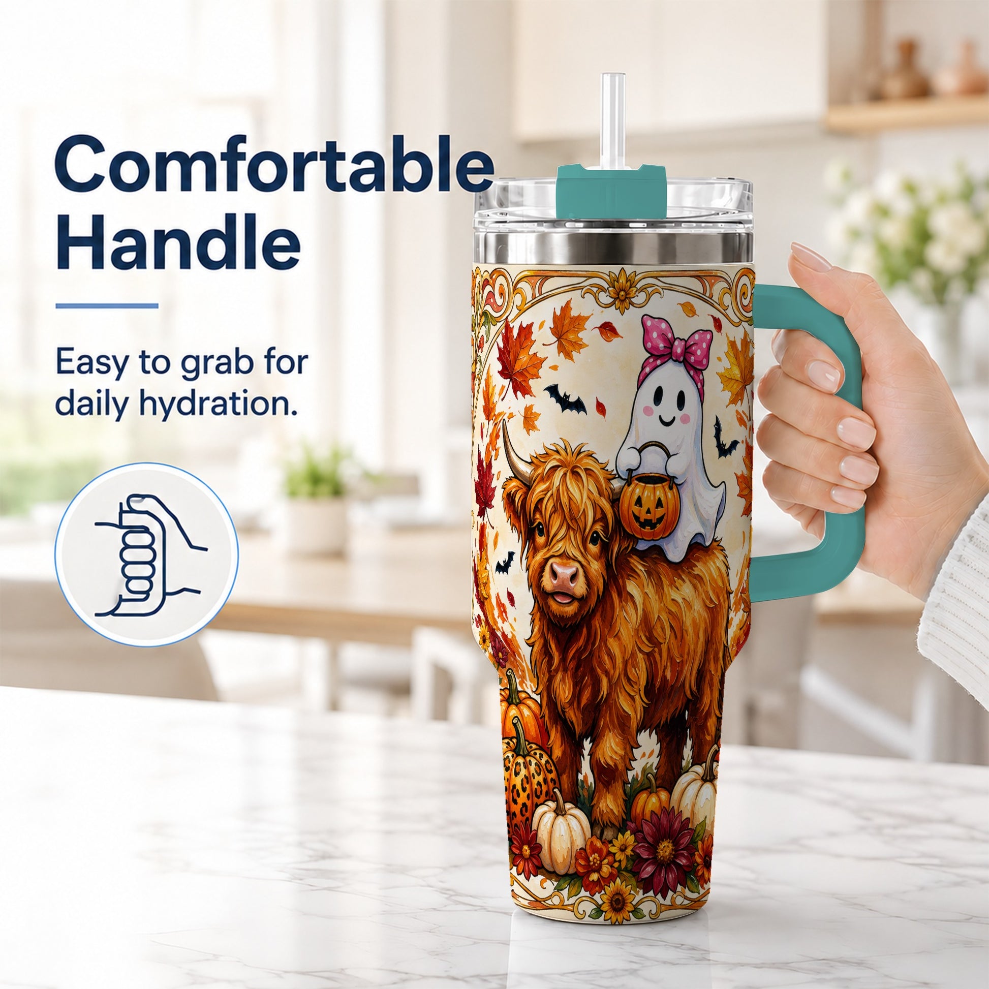 #pl[40oz|Green] Highland Cow Ghost 40oz Tumbler with Handle, Pumpkin Travel Cup