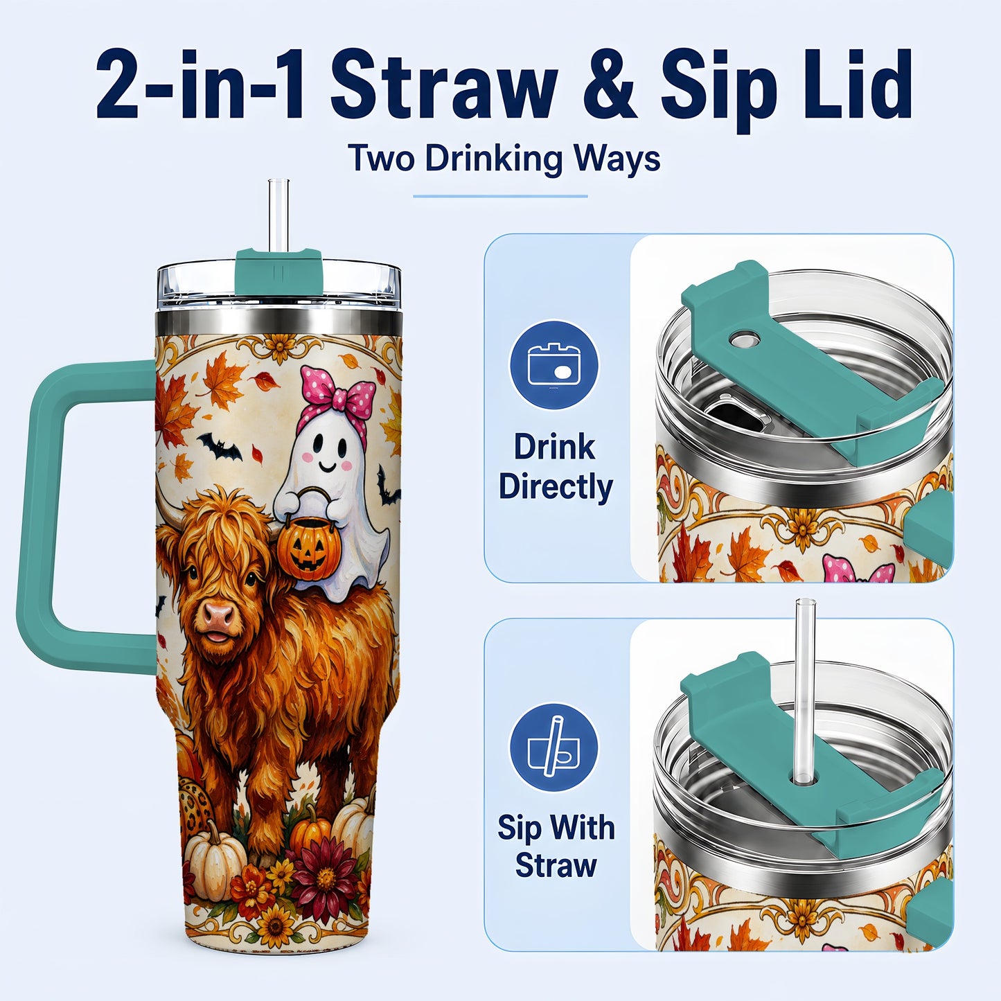 #pl[40oz|Green] Highland Cow Ghost 40oz Tumbler with Handle, Pumpkin Travel Cup