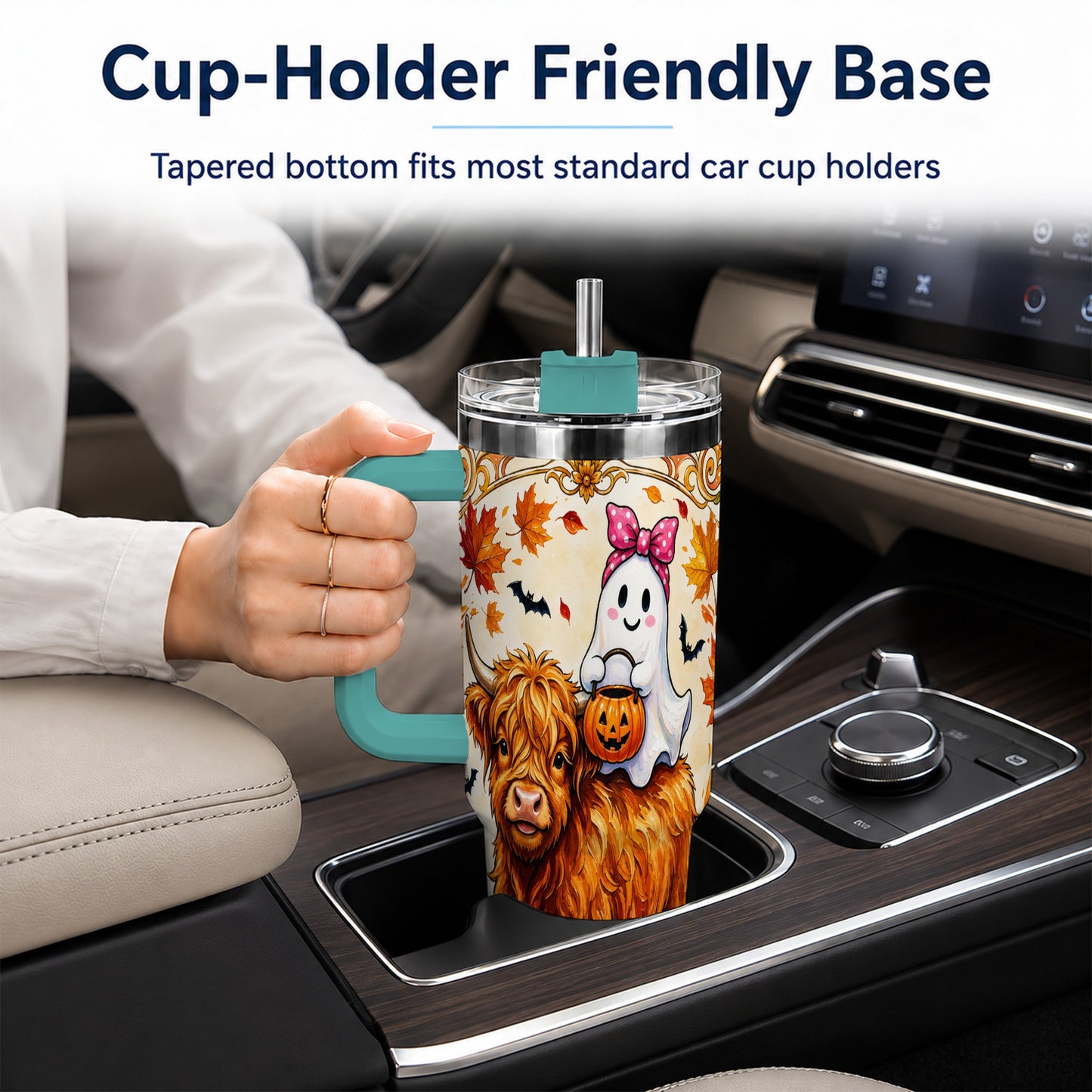 #pl[40oz|Green] Highland Cow Ghost 40oz Tumbler with Handle, Pumpkin Travel Cup