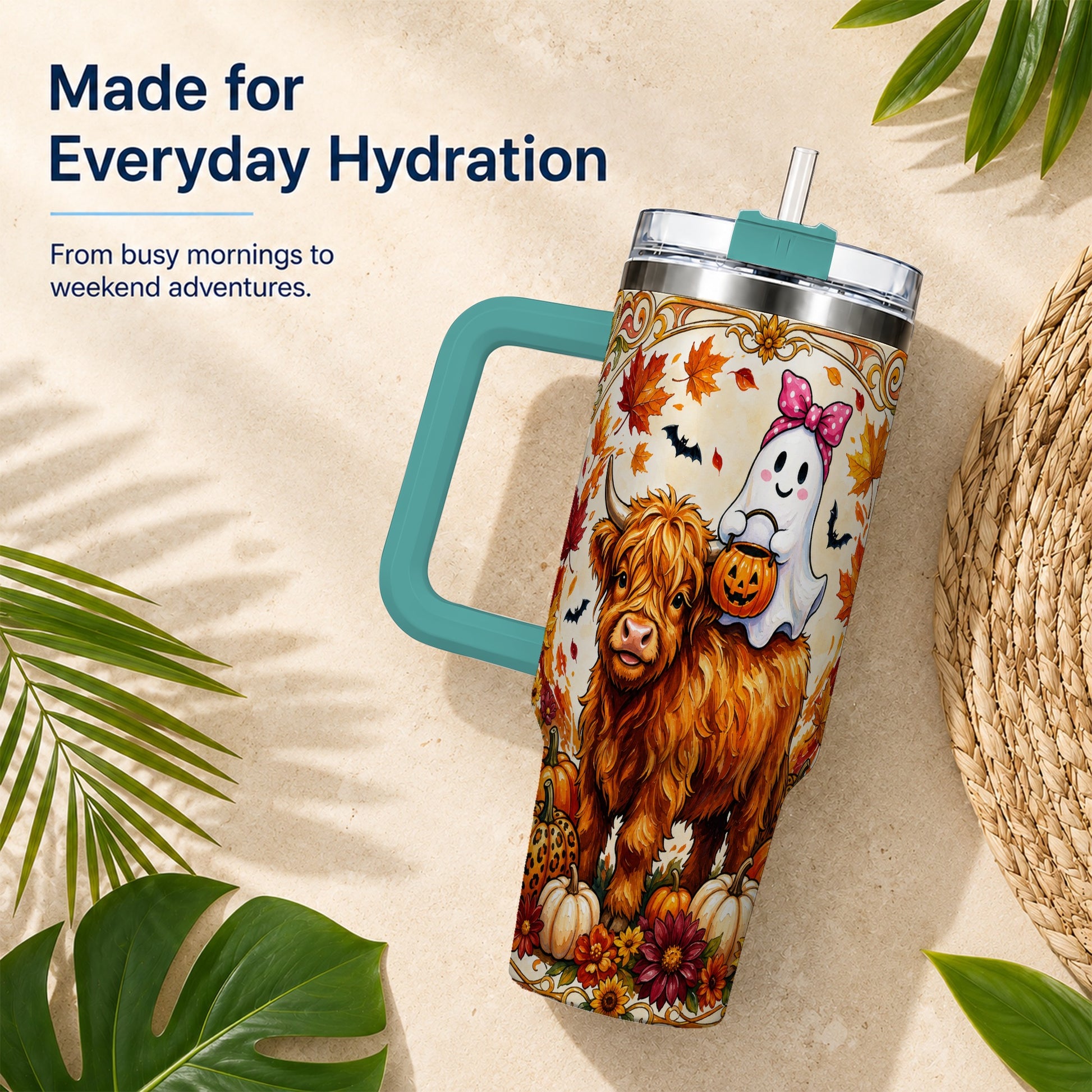 #pl[40oz|Green] Highland Cow Ghost 40oz Tumbler with Handle, Pumpkin Travel Cup