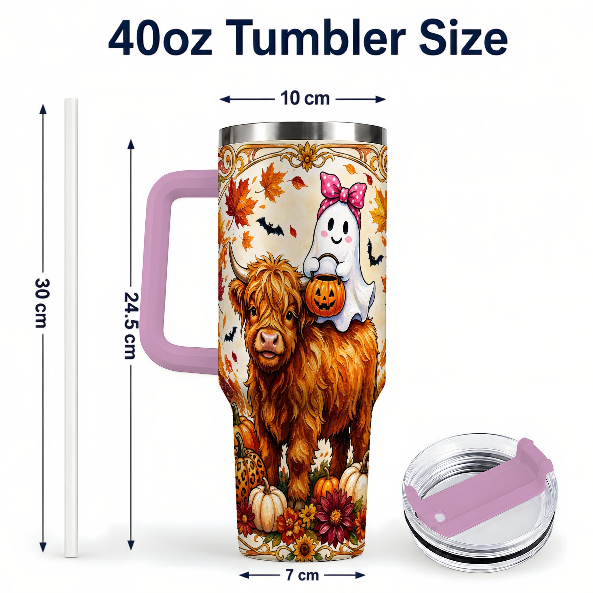 #pl[40oz|Pink] Highland Cow Ghost 40oz Tumbler with Handle, Pumpkin Travel Cup