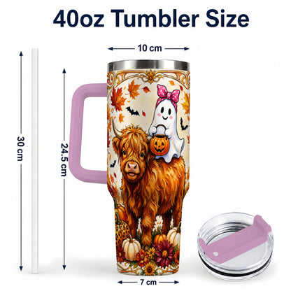 #pl[40oz|Pink] Highland Cow Ghost 40oz Tumbler with Handle, Pumpkin Travel Cup