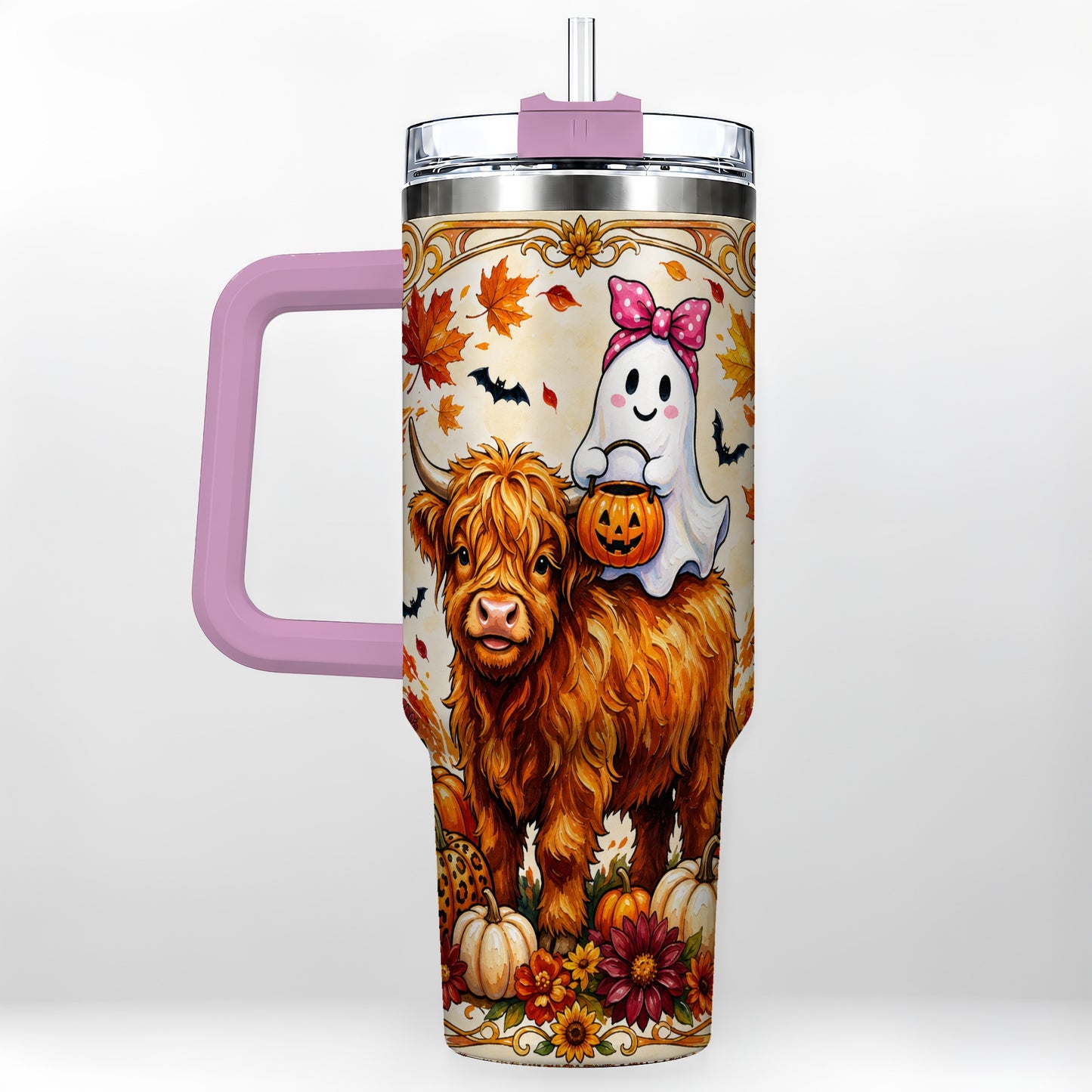 #pl[40oz|Pink] Highland Cow Ghost 40oz Tumbler with Handle, Pumpkin Travel Cup