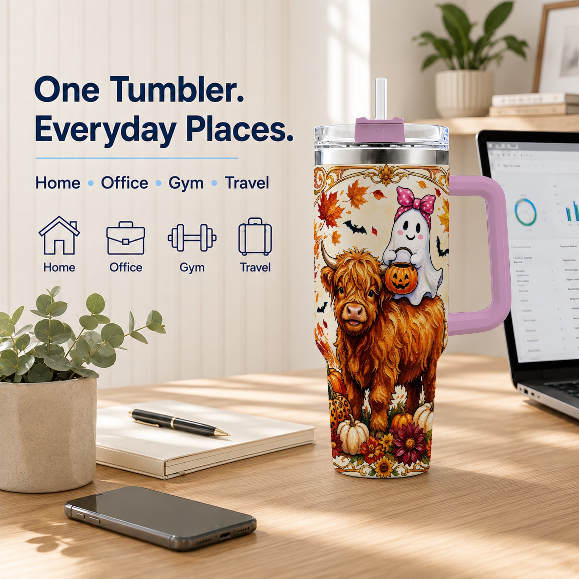 #pl[40oz|Pink] Highland Cow Ghost 40oz Tumbler with Handle, Pumpkin Travel Cup